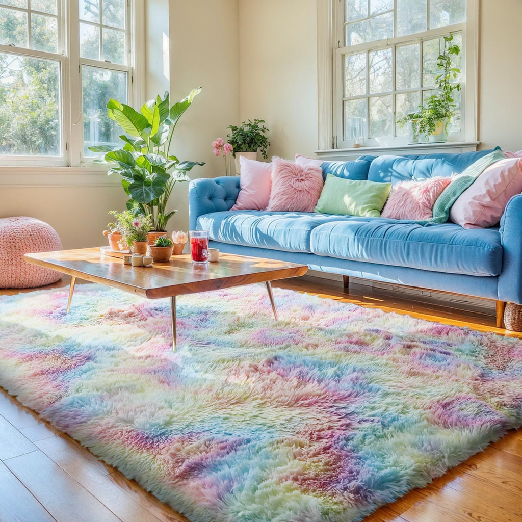 Kchowua 4X6 Unicorn Thick Fluffy Shag Area Rugs For Girls Bedroom,Machine Washable Comfy Fuzzy Shaggy Pastel Rug For Living Room