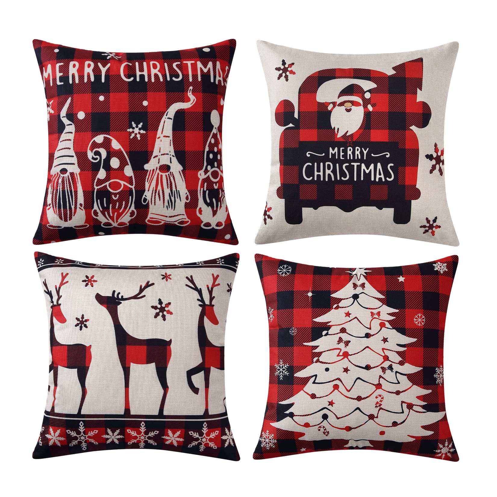 Caromio Buffalo Plaid Christmas Pillow Covers 18X18 Inch Set Of 4 Black And Red Gnomes Throw Pillow Cases Winter Holiday Outdoor