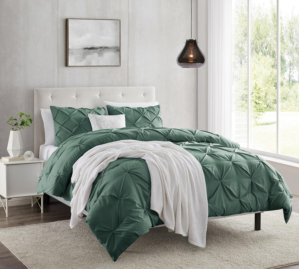 Nestl Twin Duvet Cover Set Pintuck - Double Brushed Forest Green Duvet Cover Twin 2 Piece With Button Closure, 1 Pinch Pleated T
