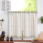 Jinchan Boho Kitchen Curtain Linen Tier Curtain Bohemian Cafe Curtain 24 Inch Geometric Striped Small Window Curtain Light Filtering Farmhouse Country Rustic For Bathroom Rv 1 Panel Blue On Beige