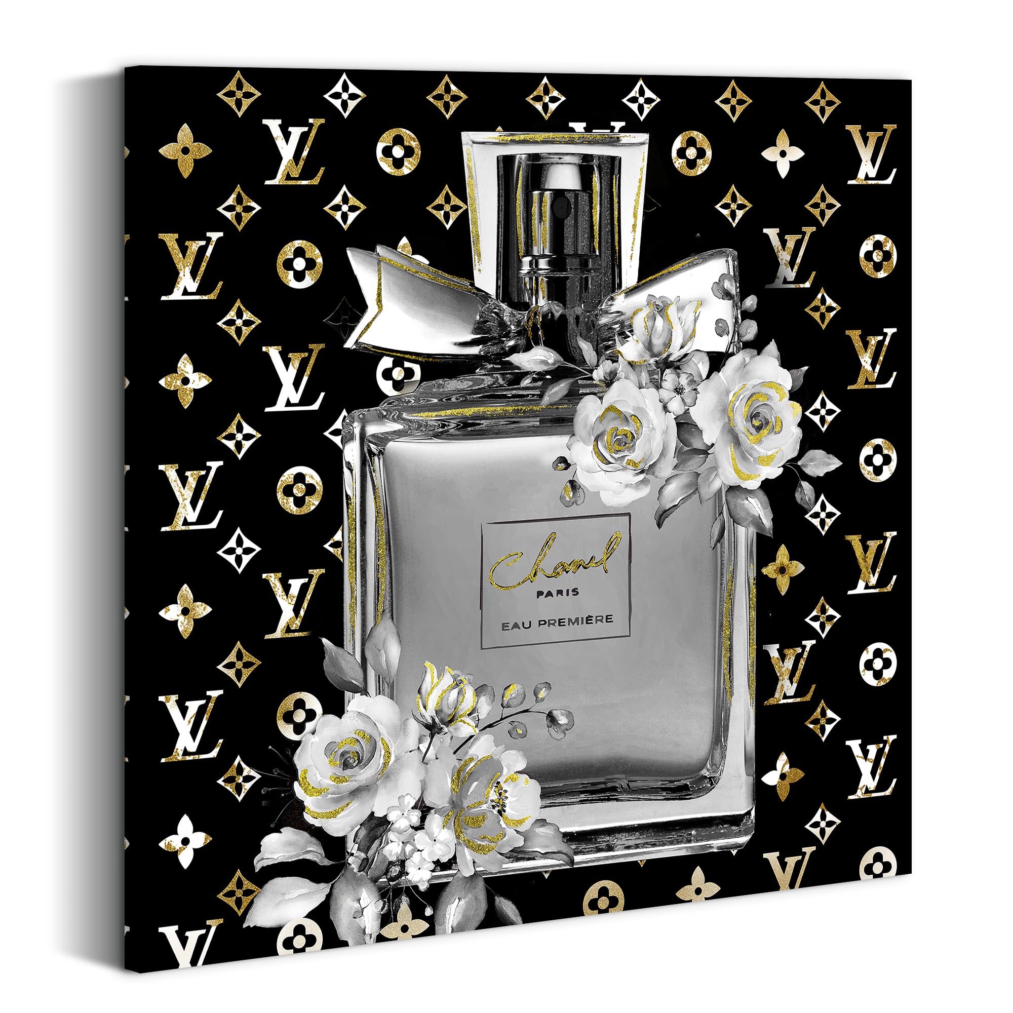 summer melody Perfume Bottle Canvas Wall Art: Black White Contemporary Prints Glam Modern Fashion Picture Rose Bouquet Flower Pa