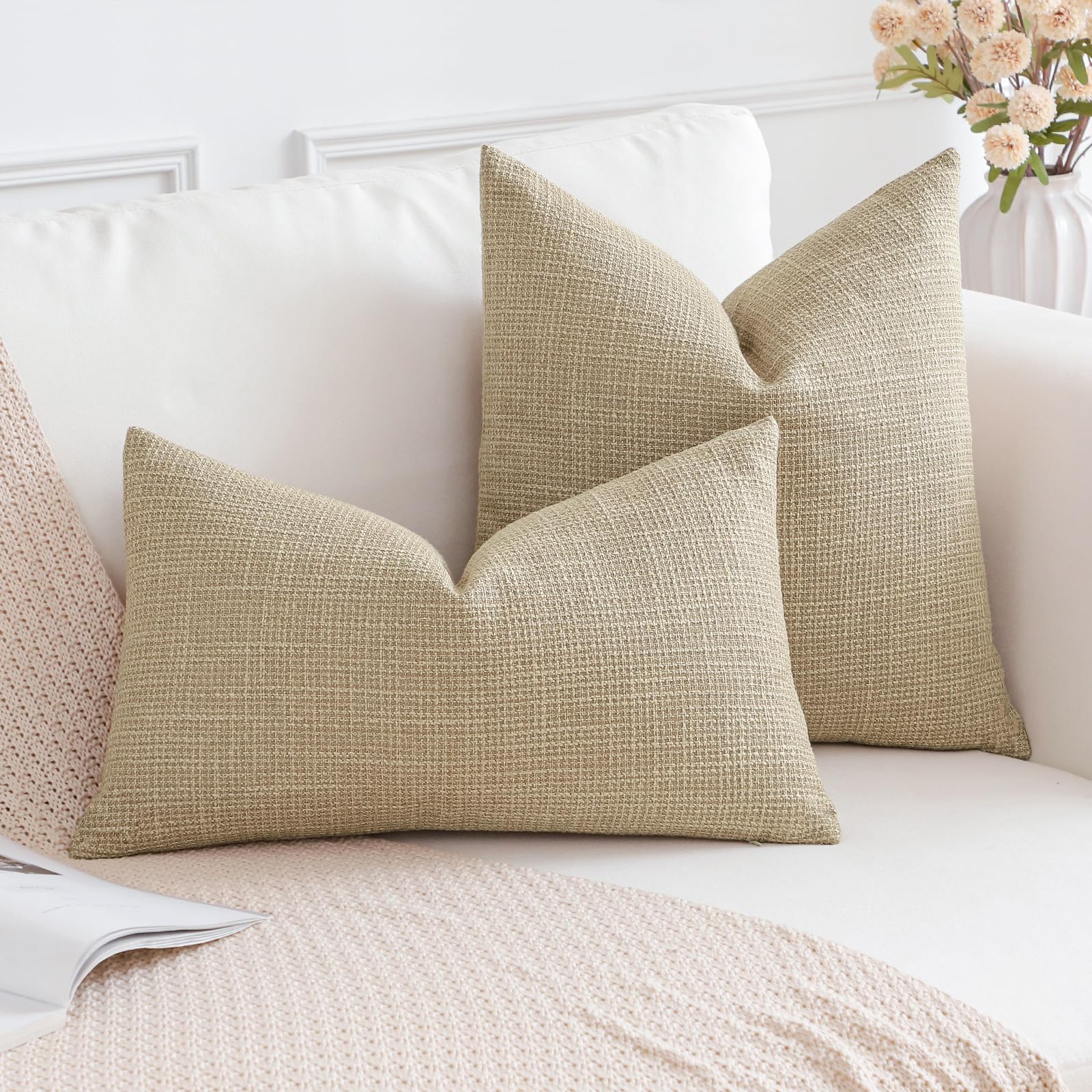 Otostar Pack Of 2 Throw Pillow Covers 18X18 Inch Linen Light Tan Pillowcases Farmhouse Decorative Solid Pillow Covers 45X45 Cm S