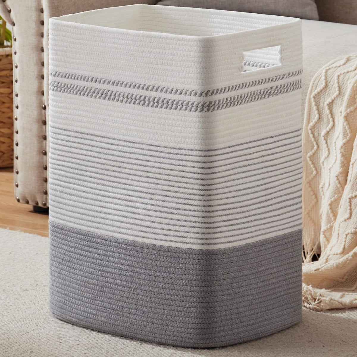 GLEAM Laundry Hamper  Laundry Basket, Tall Cotton Rope Storage Basket with Handles, Living Room Decorative Blanket Basket, Coll