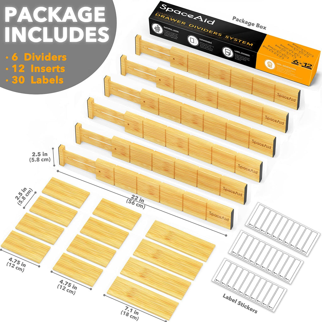 Spaceaid Bamboo Drawer Dividers With Inserts And Labels, Kitchen Adjustable Drawer Organizers, Expandable Organization For Home,