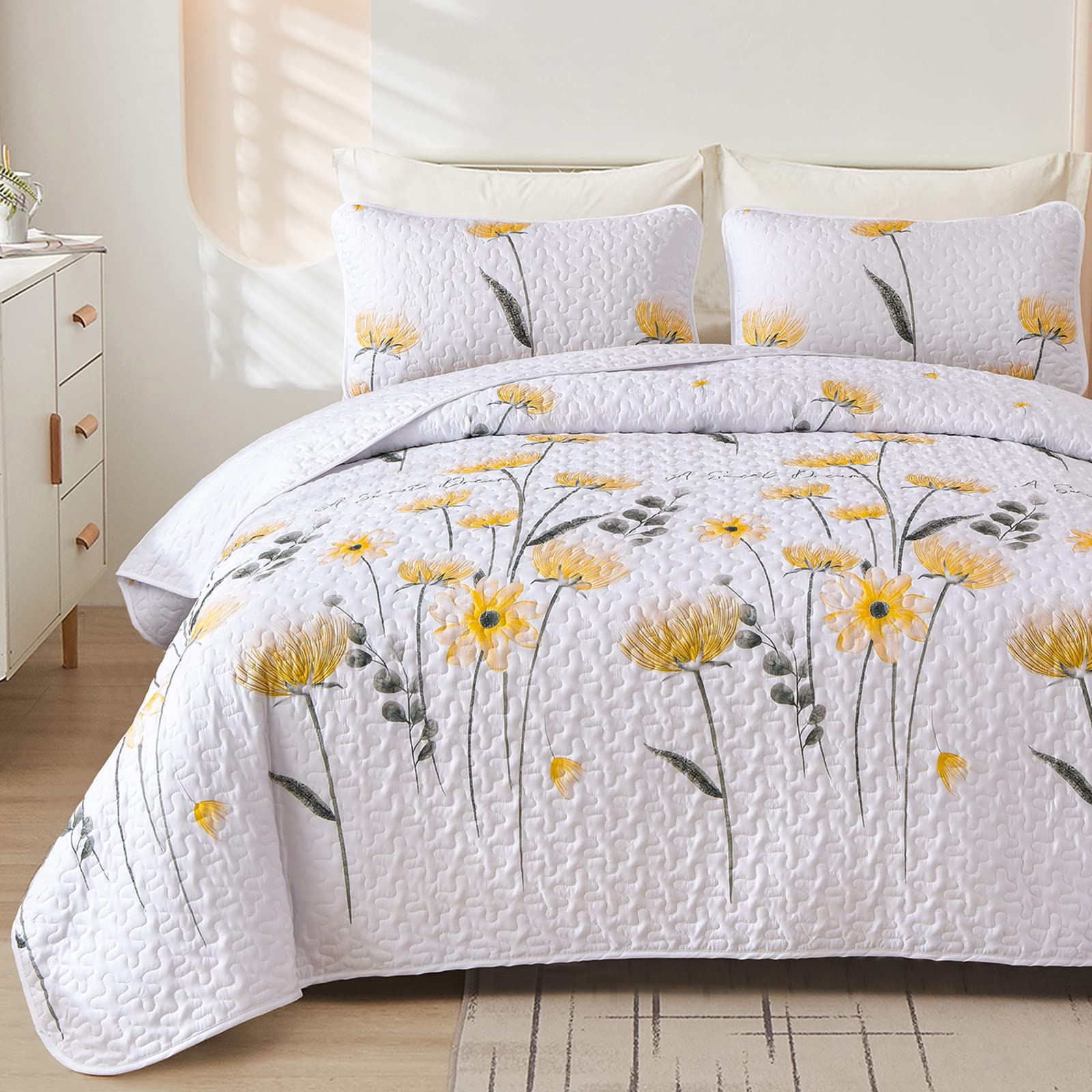 Dinjoy Quilt Set Queen Floral Bedspread Coverlet Yellow Floral Quilts Microfiber Lightweight Queen Size Quilt Sets Reversible So