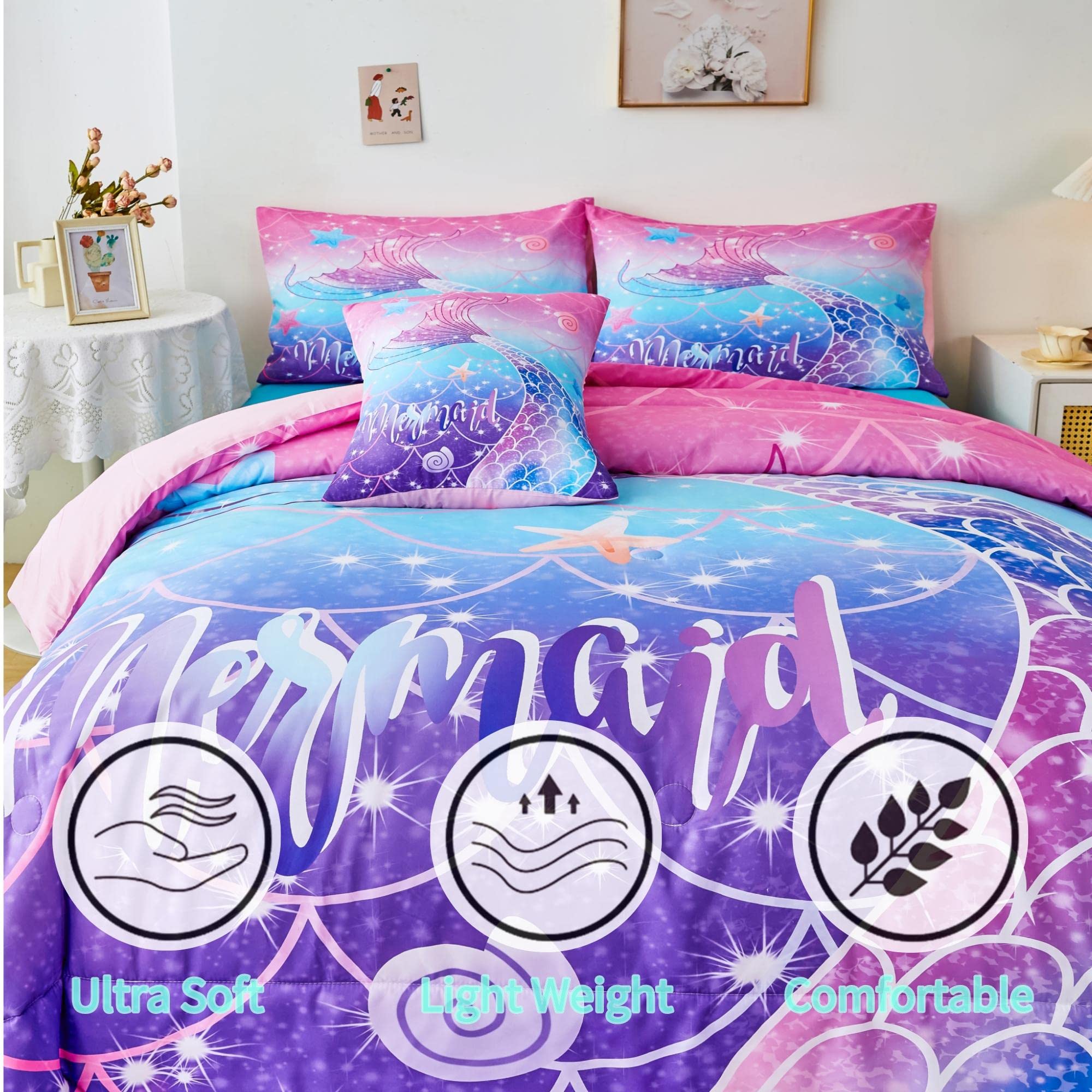 Rynghipy Mermaid Comforter Set 6Pcs, Kids Gilrs Bed In A Bag Twin Size, Mermaid Tail Print Teens Girls Bedding Set, Rainbow Bedd