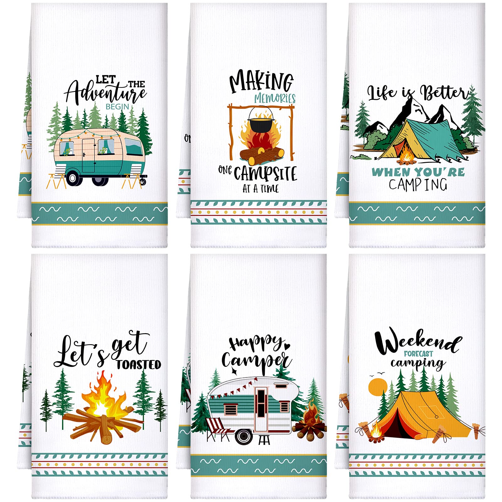 Set of 6 Camping Kitchen Towels White Absorbent Dish Towels Bonfire Tent Car Tea Towels 24 x 16 Inches with Funny Sayings Novelt