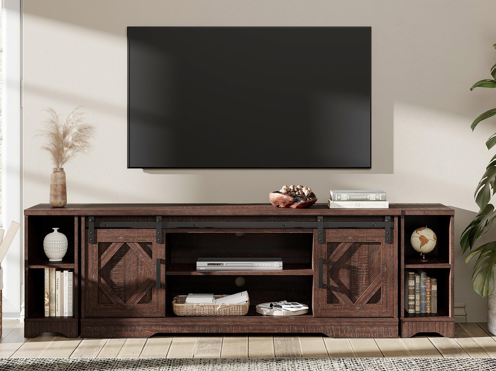 Wampat Modern Farmhouse 3 In 1 Tv Stand For Up To 85' Tvs Wood Entertainment Center With Sliding Barn Door And Adjustable Media Storage Shelf For Living Room,Rustic Brown