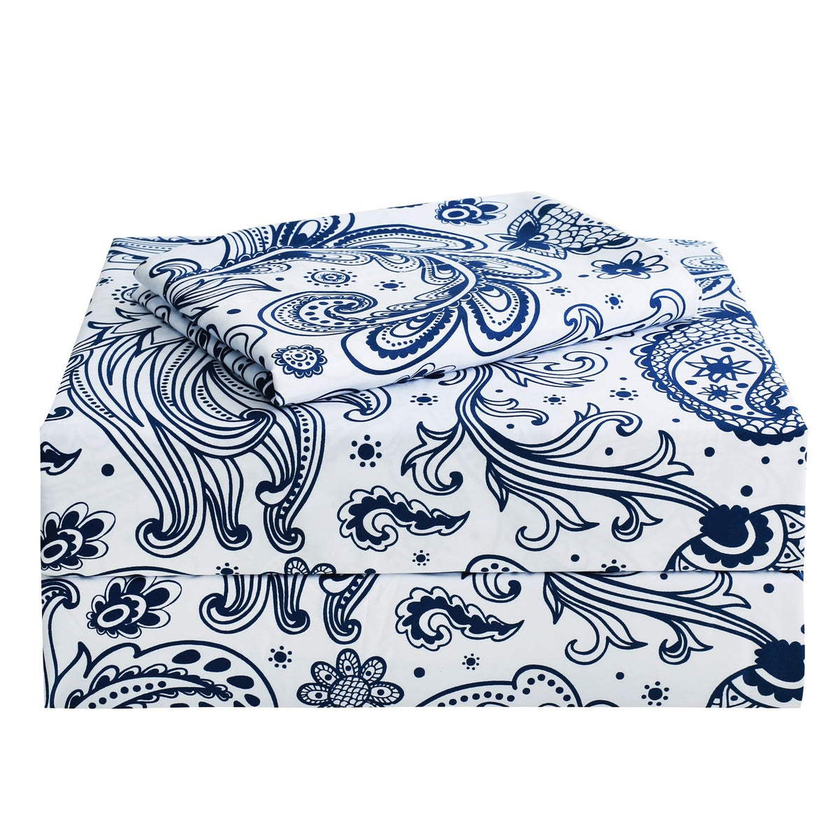 Jsd Navy Blue Paisley Sheet Set Twin Size, 3 Piece Soft Printed Microfiber Sheets Extra Deep Pocket