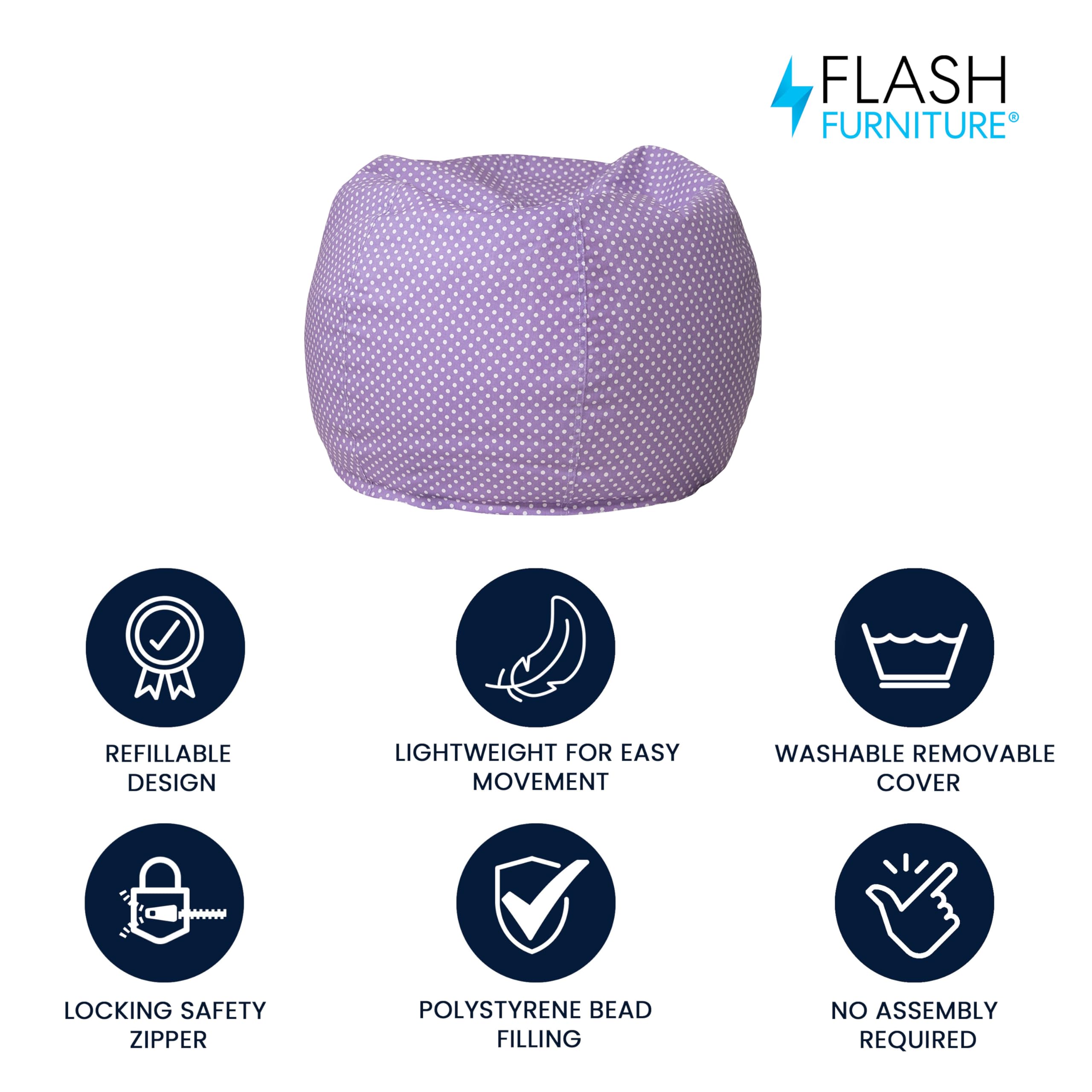 Flash Furniture Dillon Small Bean Bag Chair for Kids and Teens, Foam-Filled Beanbag Chair with Machine Washable Cover, Lavender Polka Dot