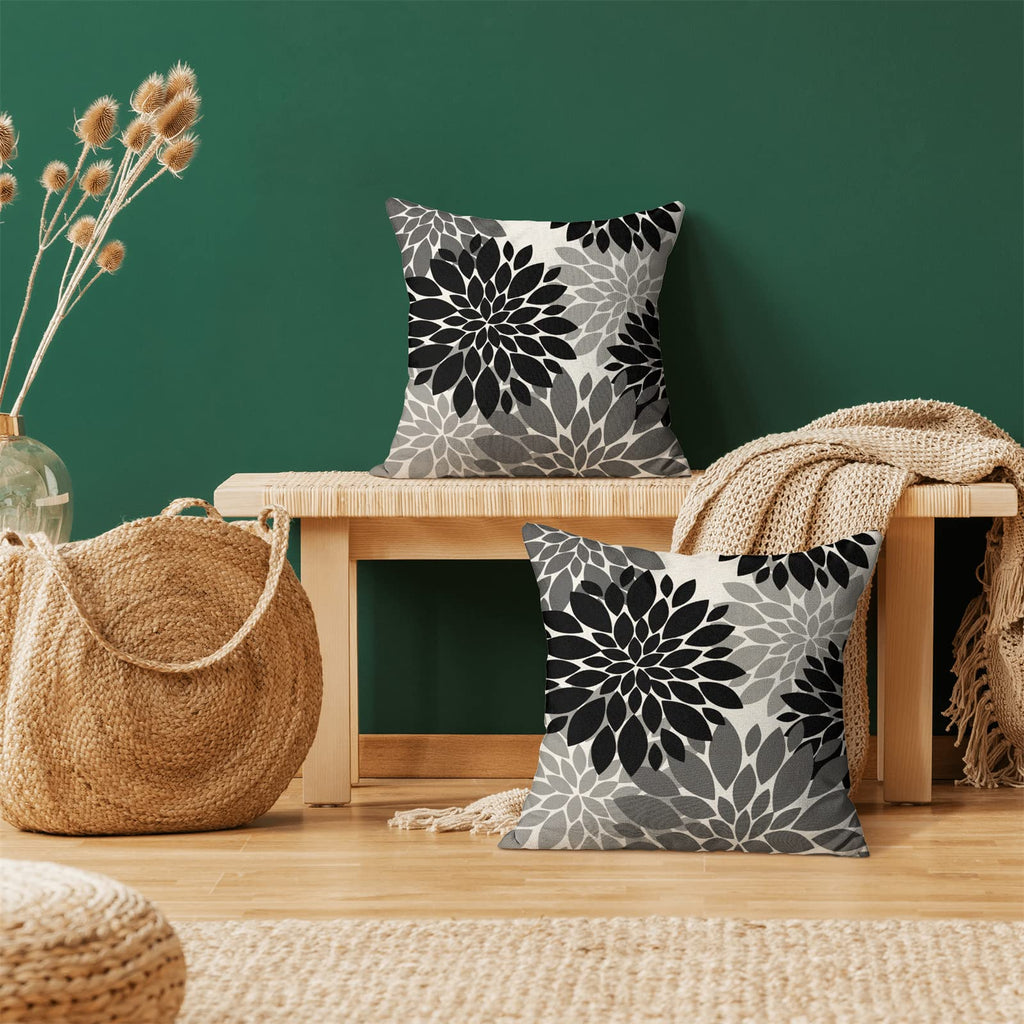 Cxmeifly Black Grey Gray Pillow Covers 16X16 Inch Set Of 2 Dahlia Floral Decor Throw Pillows Summer Modern Geometry Flower Outdo