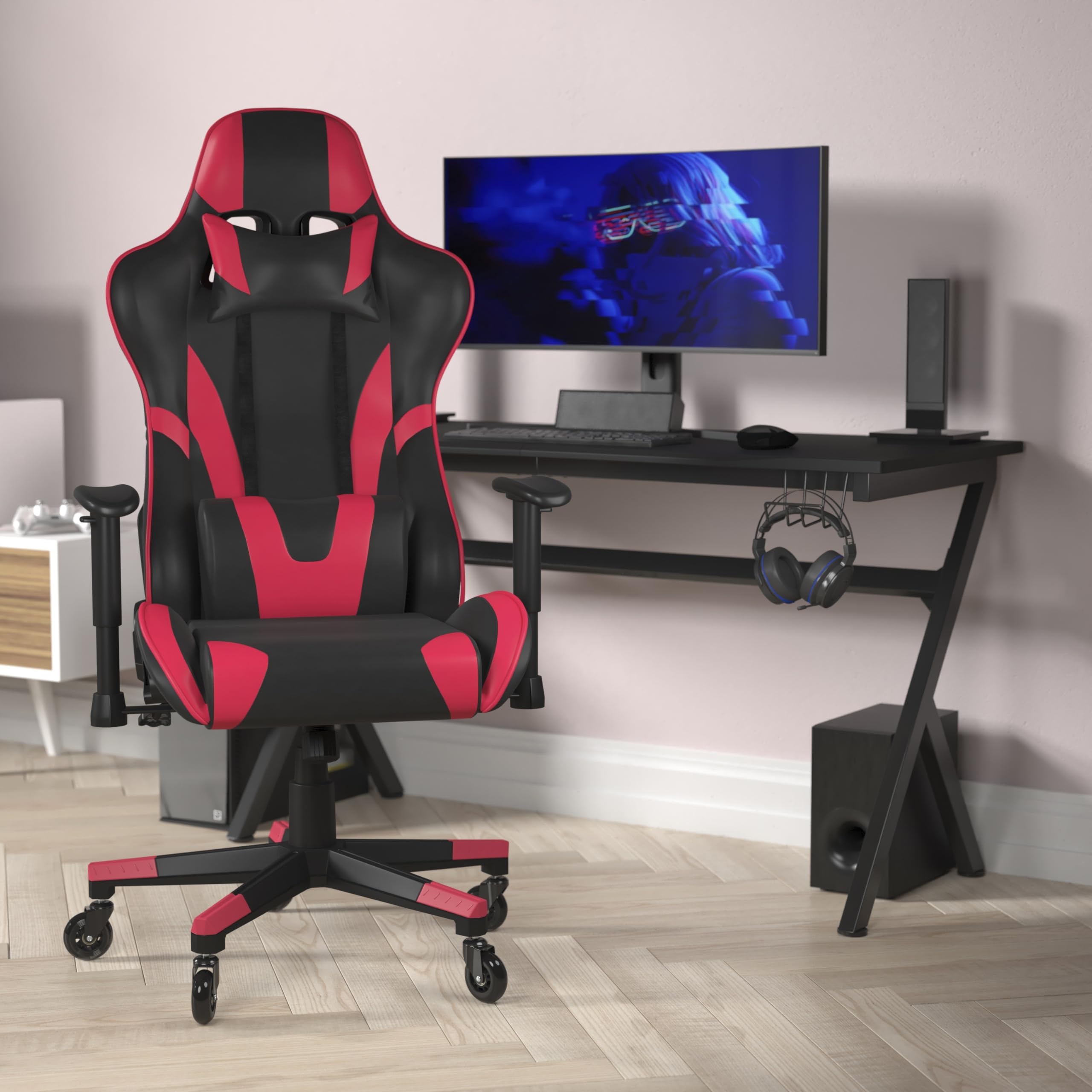 Flash Furniture X20 Gaming Chair Racing Office Computer PC Adjustable Chair - Red LeatherSoft Upholstery - Reclining Back - Roller Wheels