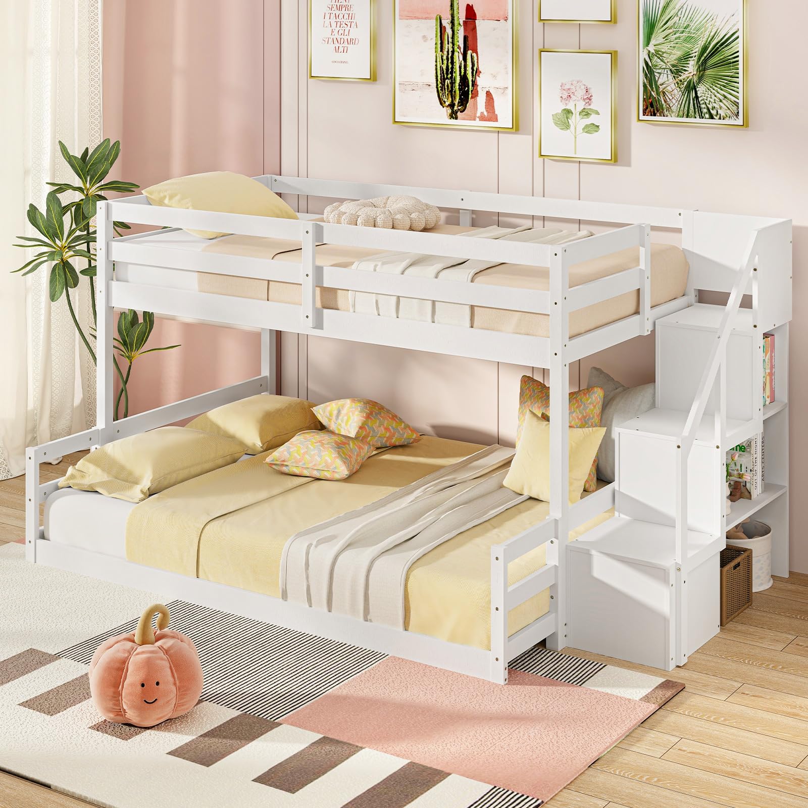 Giantex Twin Over Full Bunk Bed with Stairs, Solid Wood Floor Bunk Bed with Storage Staircase & Full-Length Guardrails, Low Bunk
