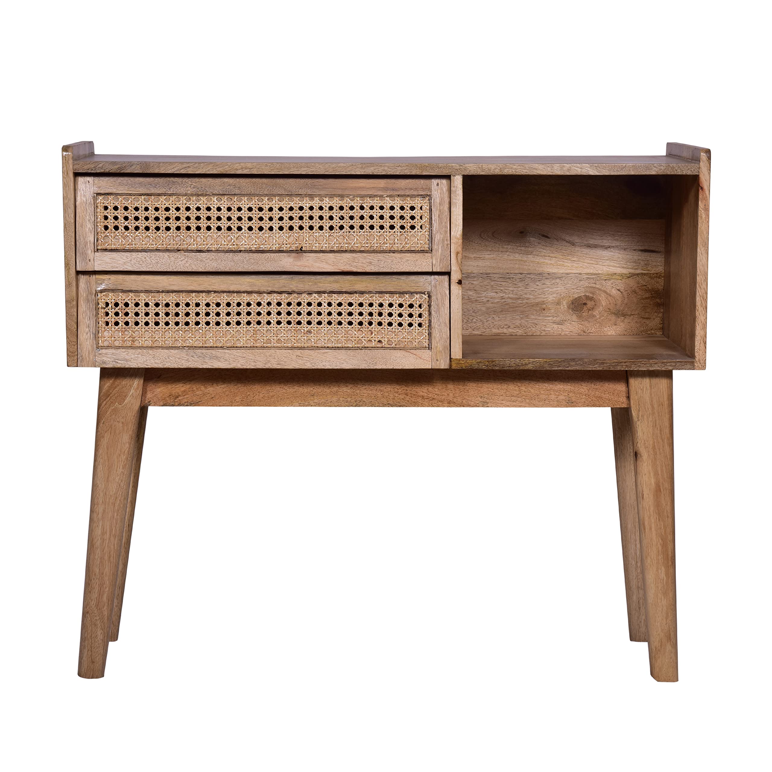 TUP The Urban Port Ryan 35-Inch Cottage Style, 2-Drawer Mango Wood Rectangular Console Table, Cane Rattan Panels, Natural Brown
