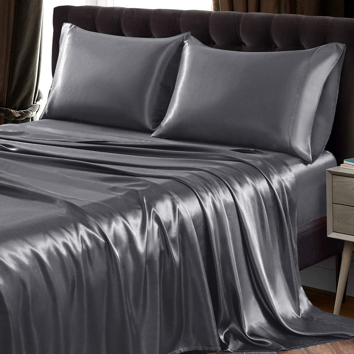 Siinvdabzx 4Pcs Satin Sheet Set Full Size Ultra Silky Soft Grey Satin Full Bed Sheets With Deep Pocket, 1 Fitted Sheet, 1 Flat S