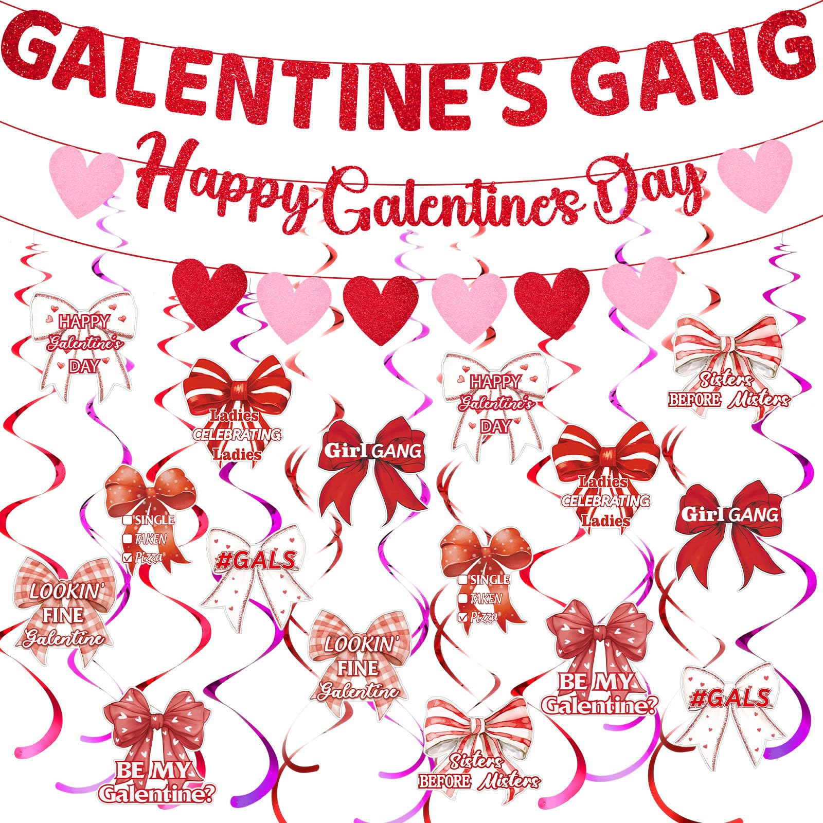 Eaasty Glittery Galentine s Day Party Decoration Kit Coquette Happy Galentine s Day Banner with Heart Garland and Bow Hanging 