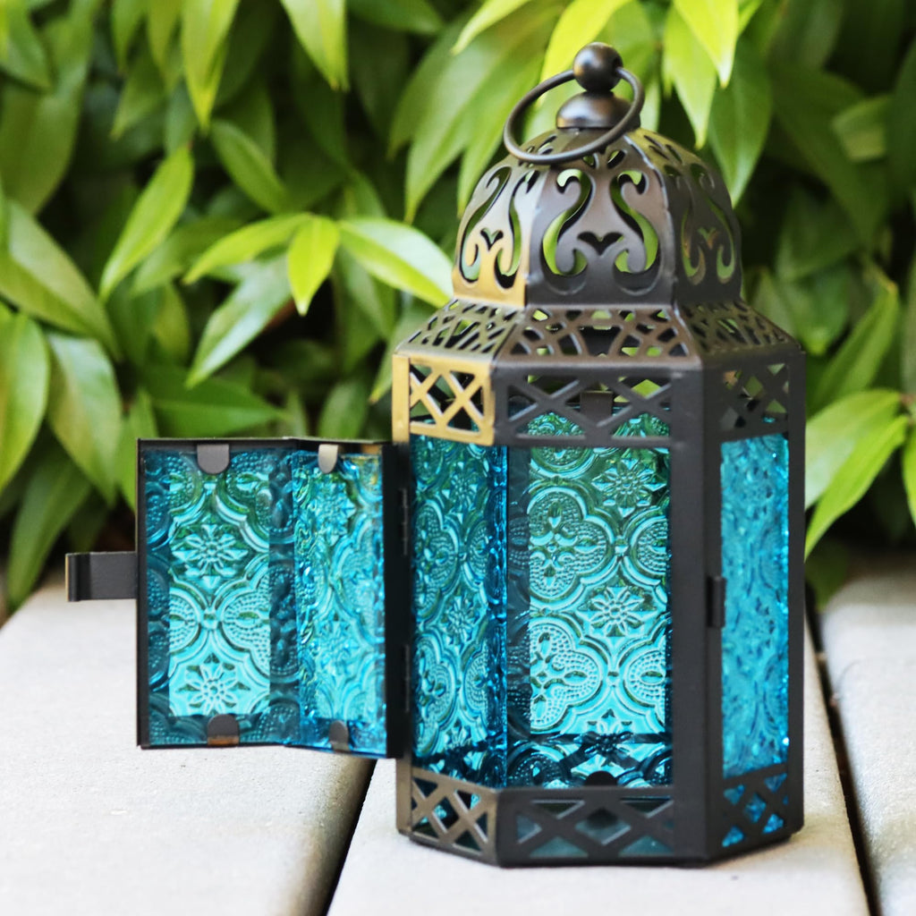 Small Black Metal Decorative Moroccan Lantern Candle Holder Lamp - Indoor/Outdoor, Home Decor, Patio, Weddings, Christmas, Blue