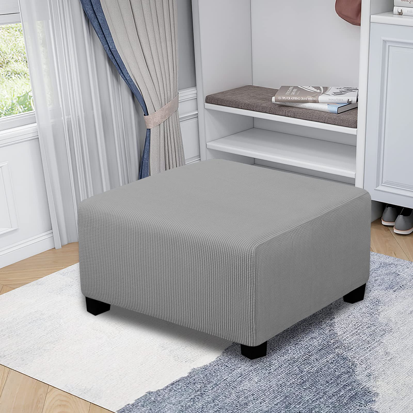 Easy-Going Stretch Square Ottoman Cover Folding Storage Stool Furniture Protector Soft Rectangle Slipcover With Elastic Bottom (30X30X15Inch, Light Gray)