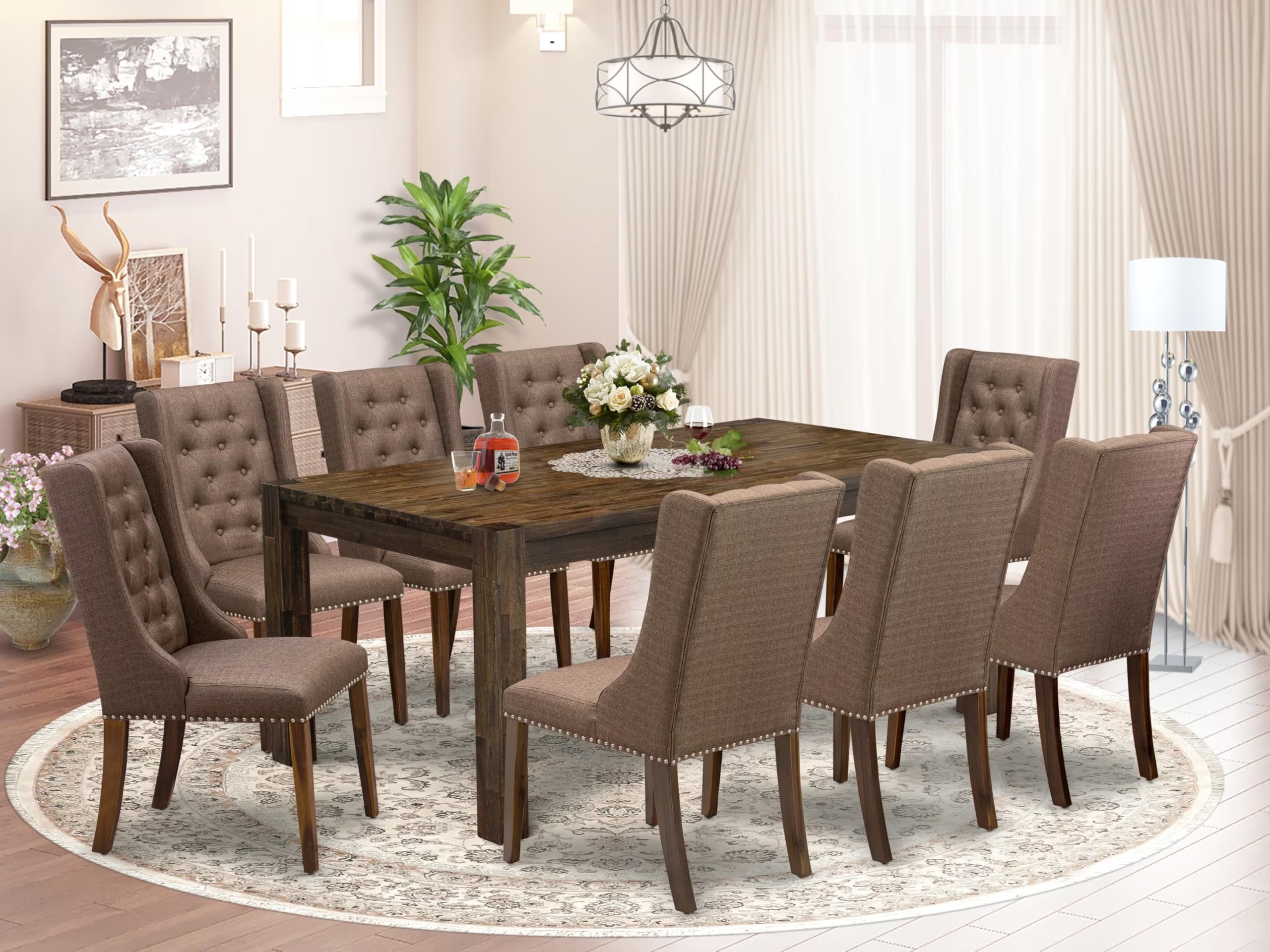 East West Furniture LMFO9-N8-18 9 Piece Dining Table Set Includes a Rectangle Rustic Wood Kitchen Table and 8 Brown Linen Linen Fabric Upholstered Parson Chairs, 40x72 Inch, Walnut