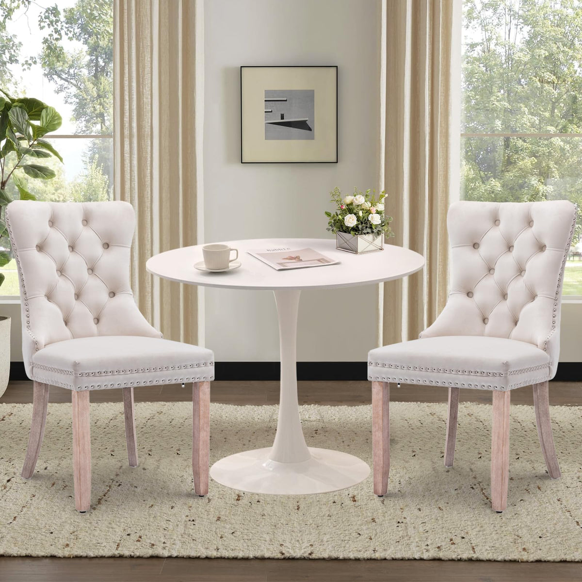 Soartalent 3-Piece 31.5' Round Dining Table Set For 2, White Table & Beige Velvet Upholstered Dining Chairs, Modern Style, Kitc