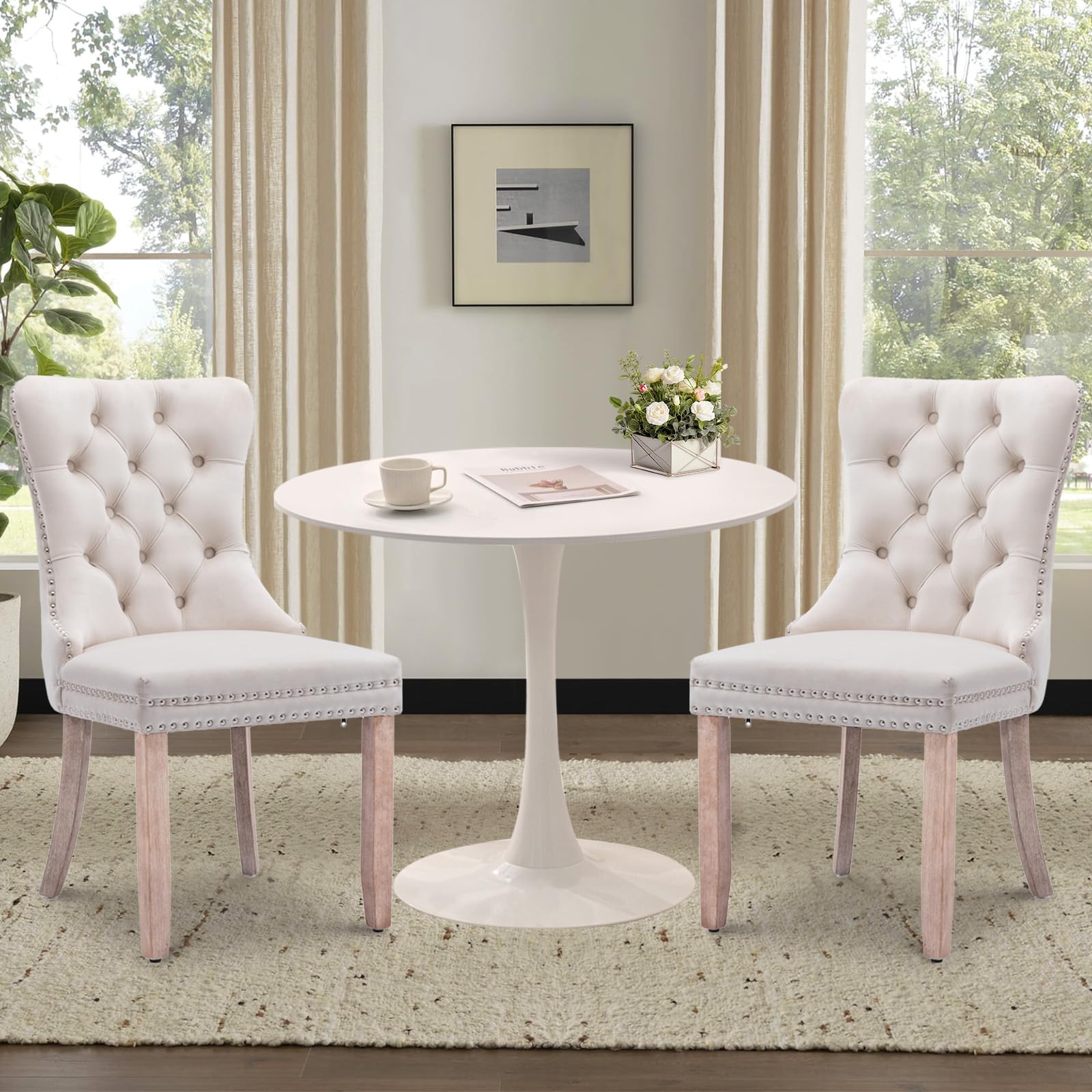 Soartalent 3-Piece 31.5' Round Dining Table Set For 2, White Table & Beige Velvet Upholstered Dining Chairs, Modern Style, Kitc