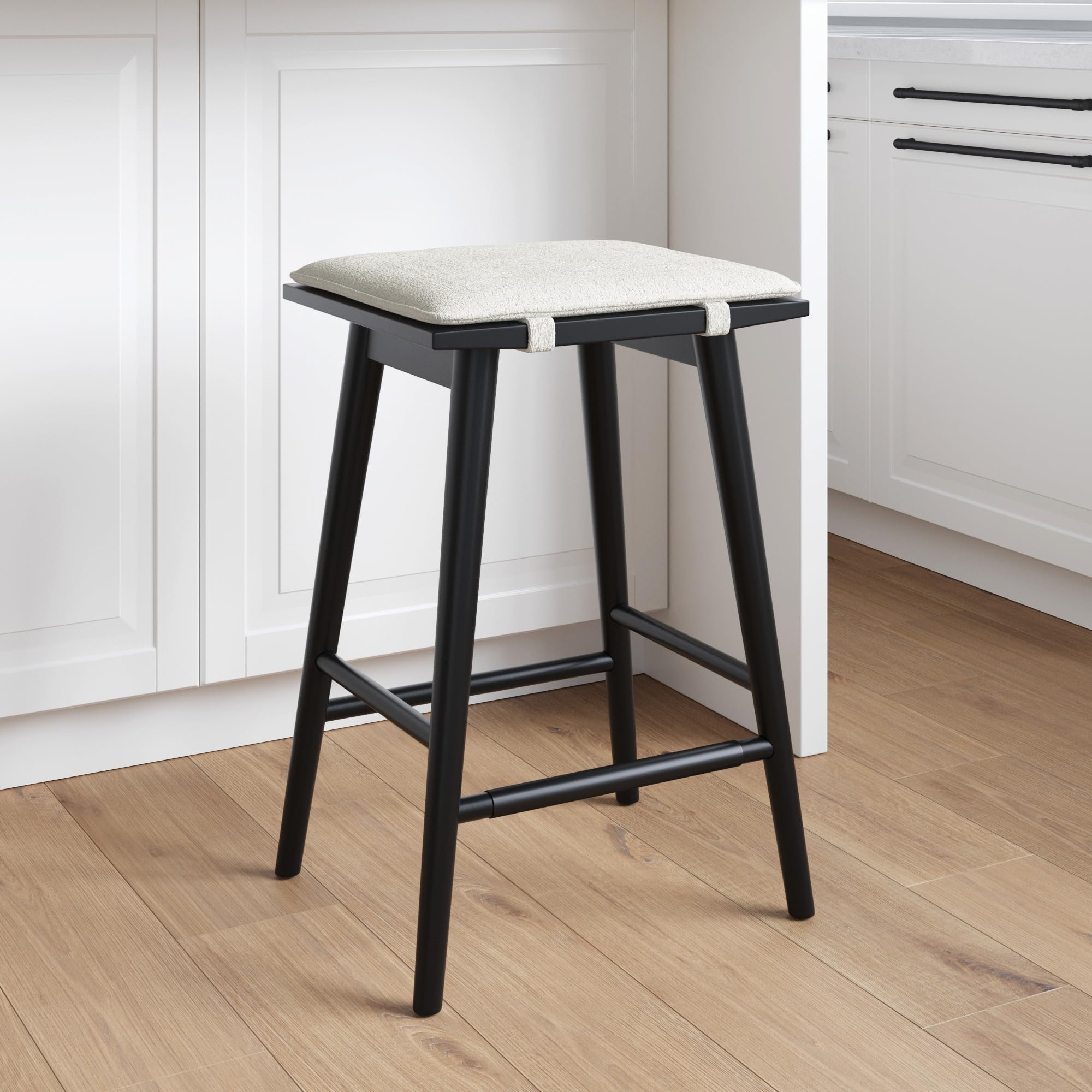 Nathan James Barker Counter Height Solid Wood Barstool with Upholstered Cushion, Backless Island Stool with Rubberwood Legs and 