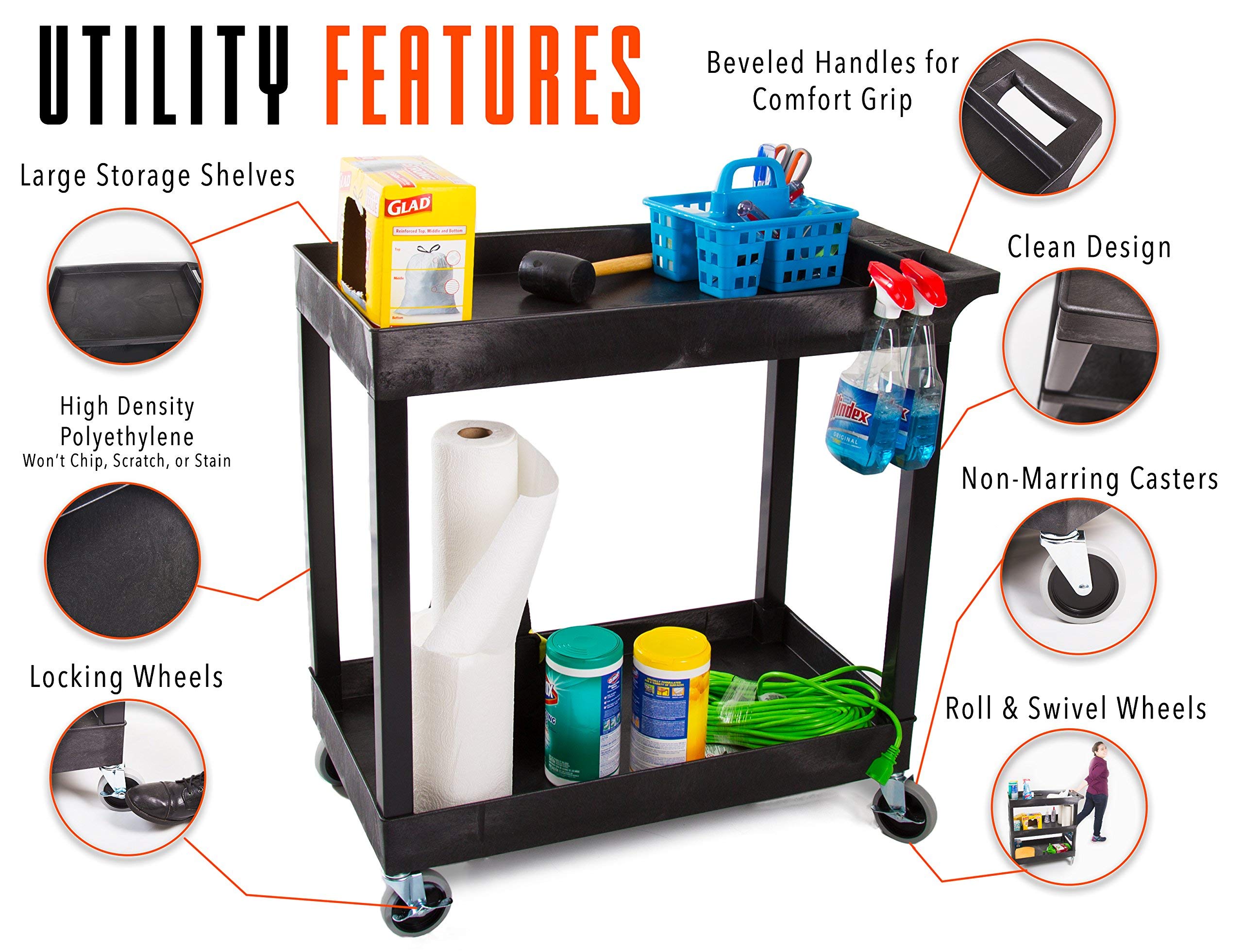 Stand Steady Original Tubstr 2 Shelf Utility Cart/Service Cart Supports Up To 400 Lbs. - Heavy-Duty Storage Cart For Garage, Warehouse, Kitchens, Plastic Tub Carts With Deep Shelves (Black, 32 X 18)
