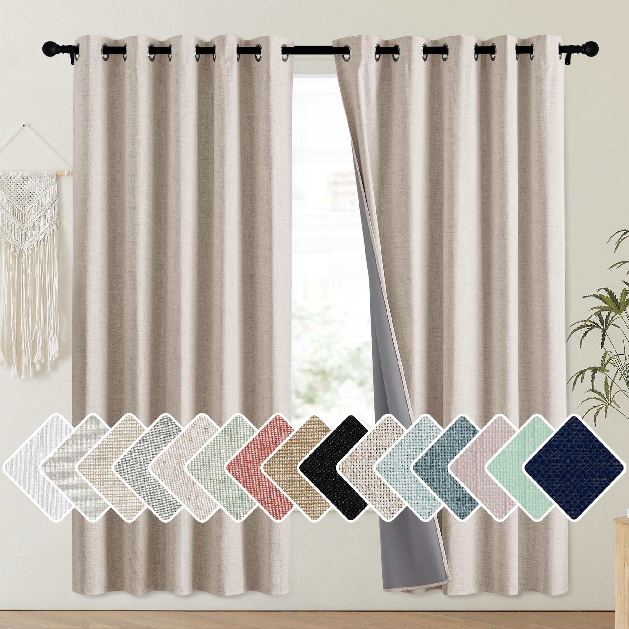 NICETOWN Oatmeal Vintage Open Linen Weave Flax Thermal Curtains, 100% Blackout Curtains 72 Long for Dining Room, Soundproof Wind
