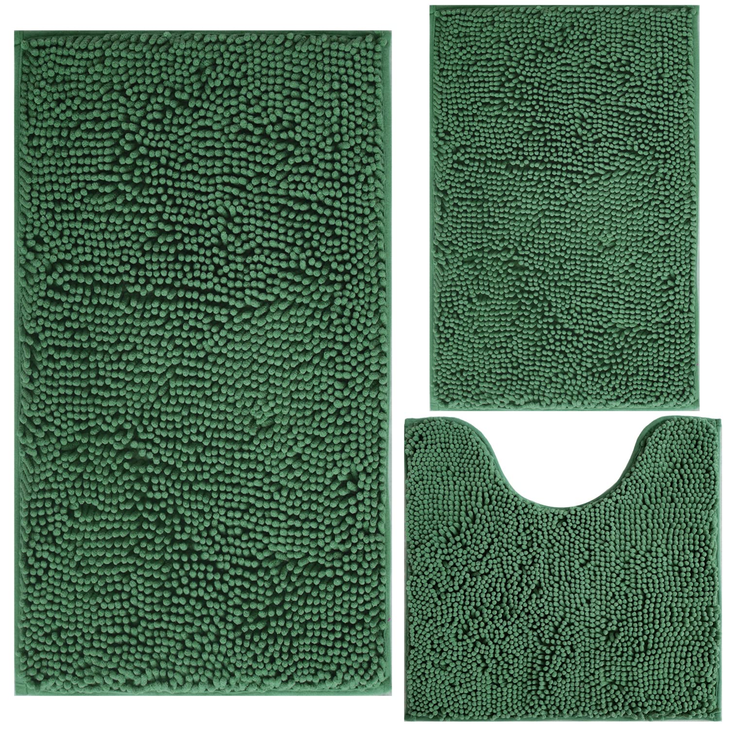 Green Bathroom Rug Chenille 3-Piece Extra Soft and Absorbent Shag Bath Mat Set, Machine Wash Green Bathroom Rug Set, Strong PVC 