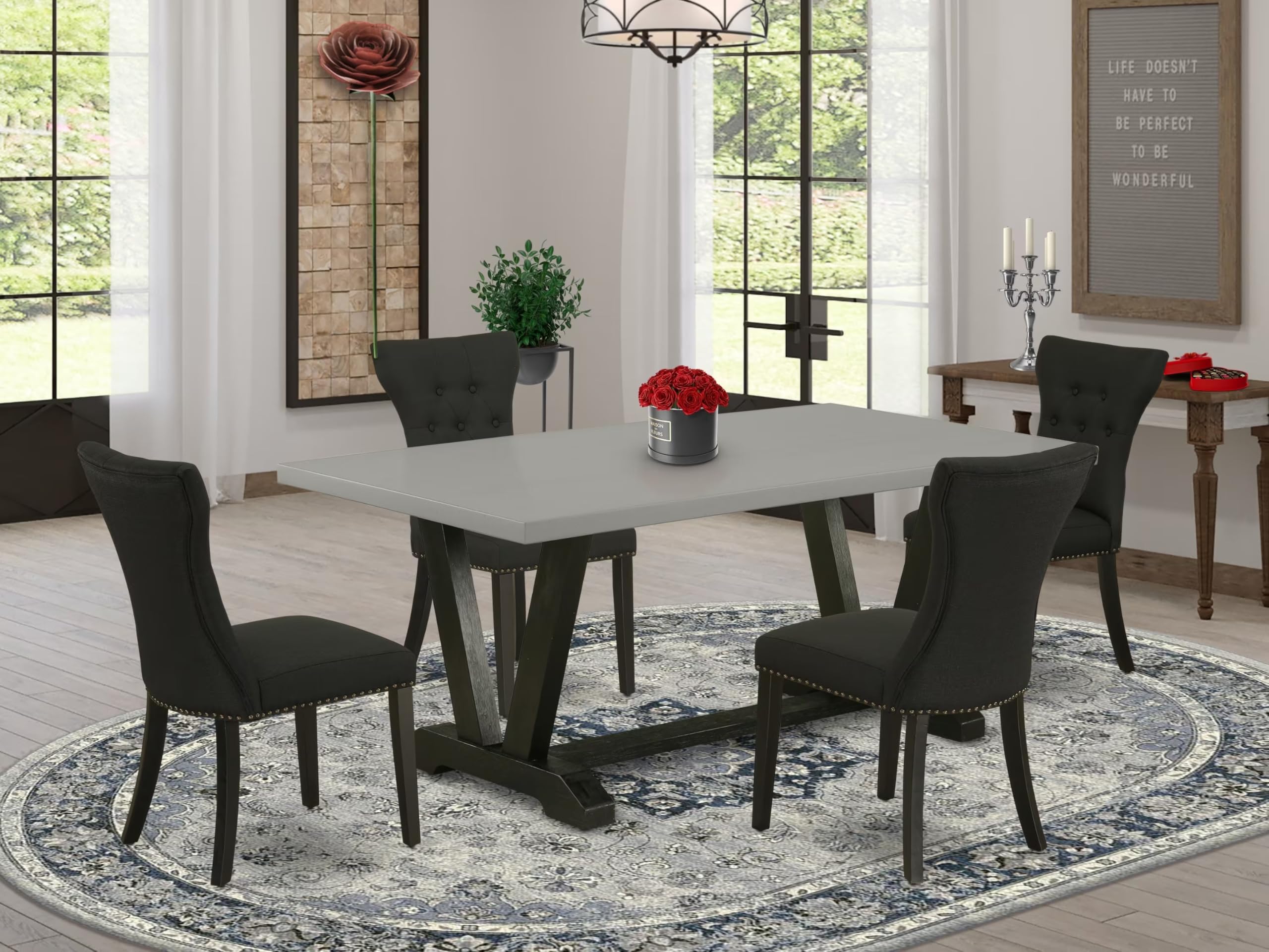 East West Furniture V697Ga124-5 5 Piece Dining Table Set Includes A Rectangle Dining Room Table With V-Legs And 4 Black Linen Fabric Parsons Chairs, 40X72 Inch, Multi-Color