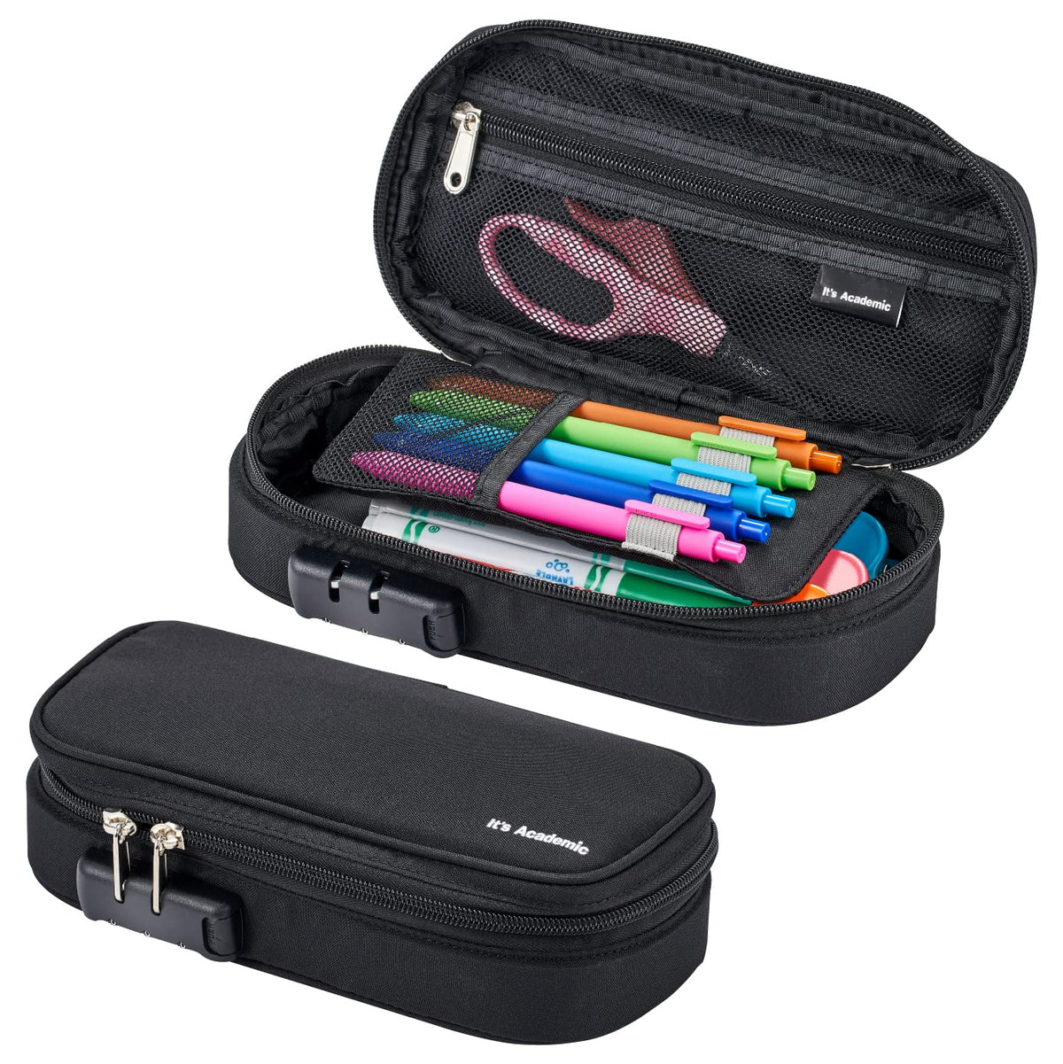 It'S Academic Locking Pencil Case, For Office & School Supplies, Travel Organizer Bag, Compact, High Capacity, Light Weight, Bla