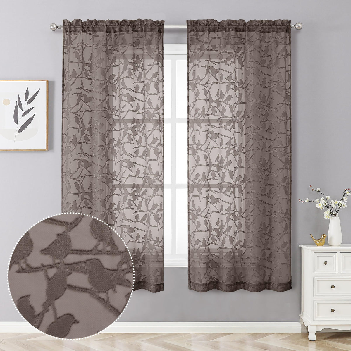 Ovzme Anji Sheer Brown Curtains 63 Inches Long, Light & Airy Privacy Textured Brown Sheer Drapes, Dual Rod Pocket Voile Clipped