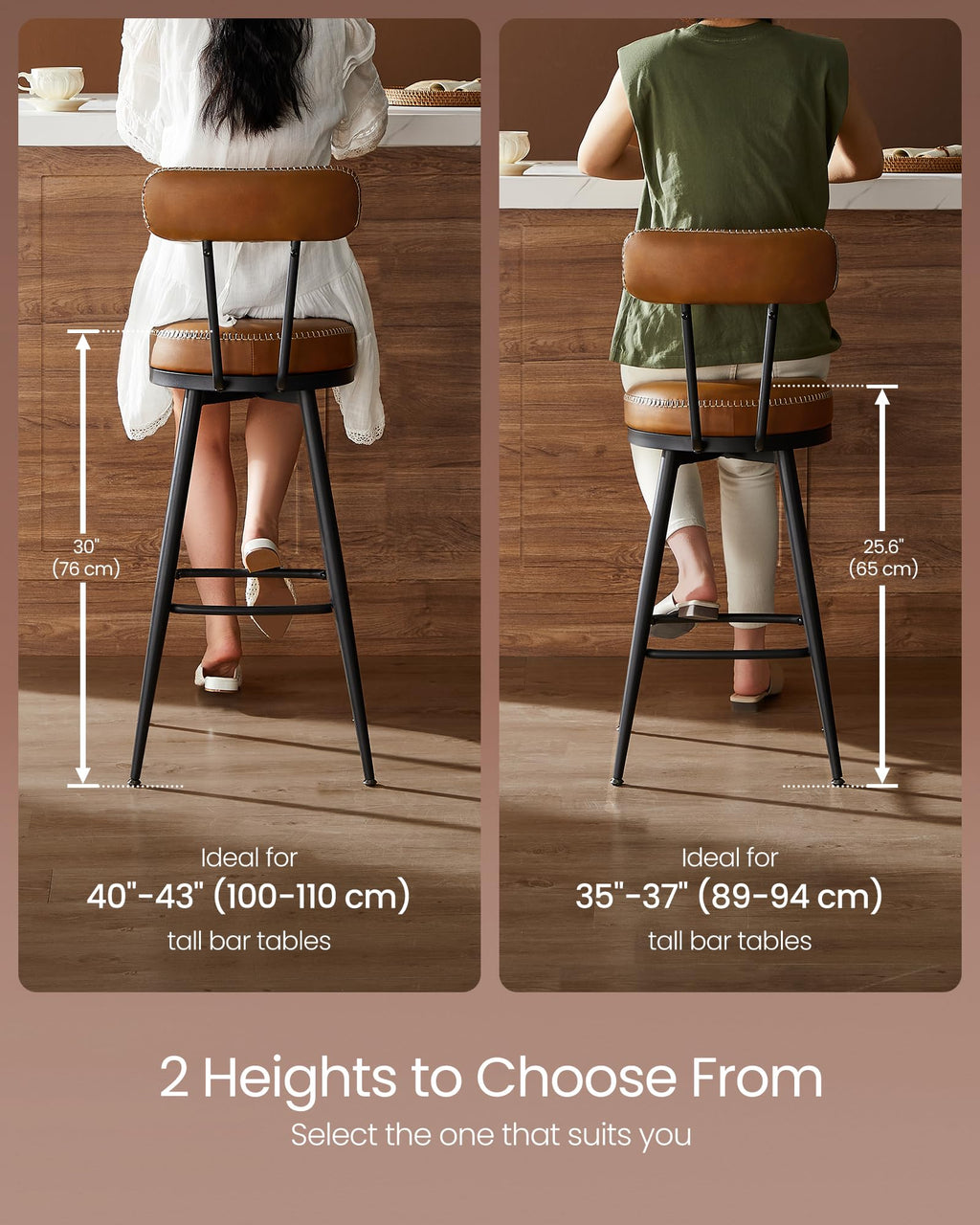 Vasagle Ekho Collection - Bar Stools Set Of 2, Bar Height Swivel Bar Stools With Back, Synthetic Leather With Stitching, Mid-Century Modern, 30-Inch Tall Barstools For Kitchen Home Bar, Caramel Brown