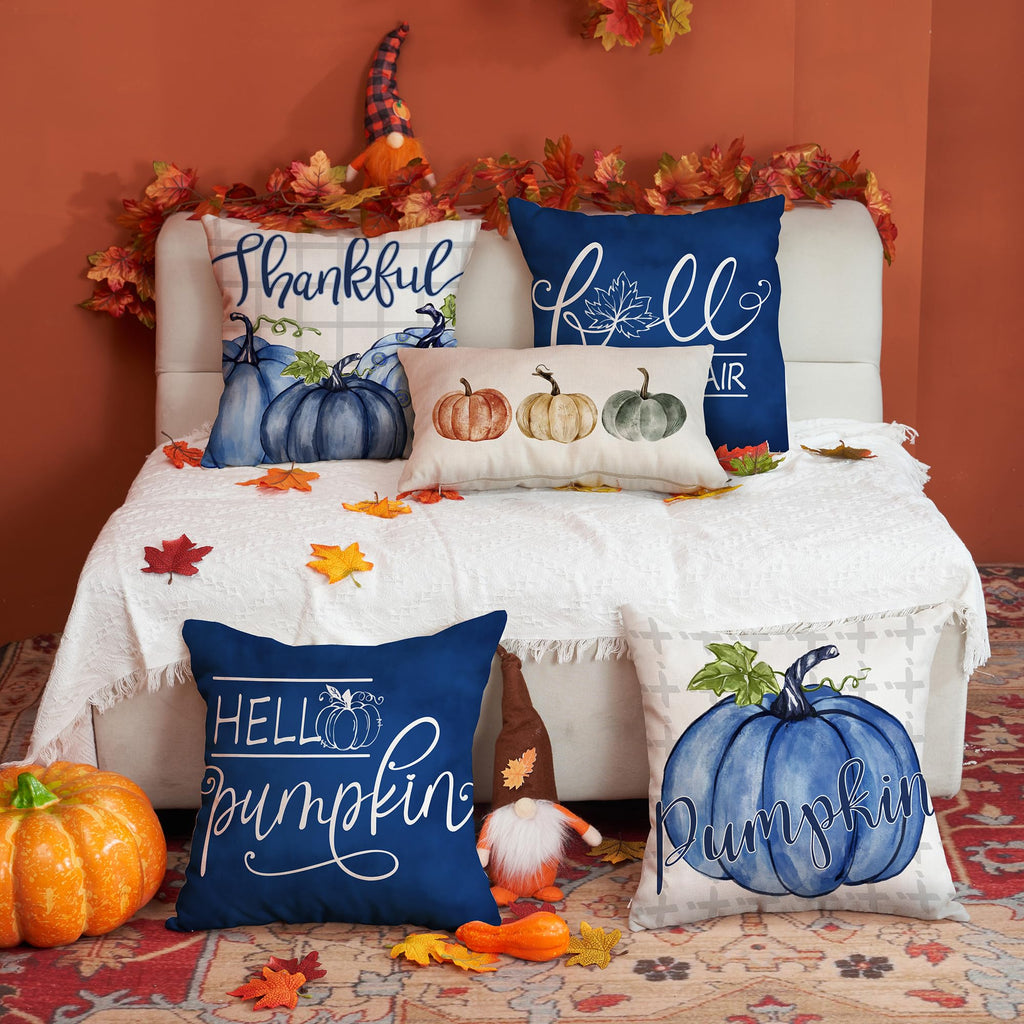 Dfxsz Fall Pillow Covers 20X20 Inch Set Of 4 Buffalo Plaid Fall Blue Pumpkin Throw Pillow Cover Autumn Thanksgiving Decoration F