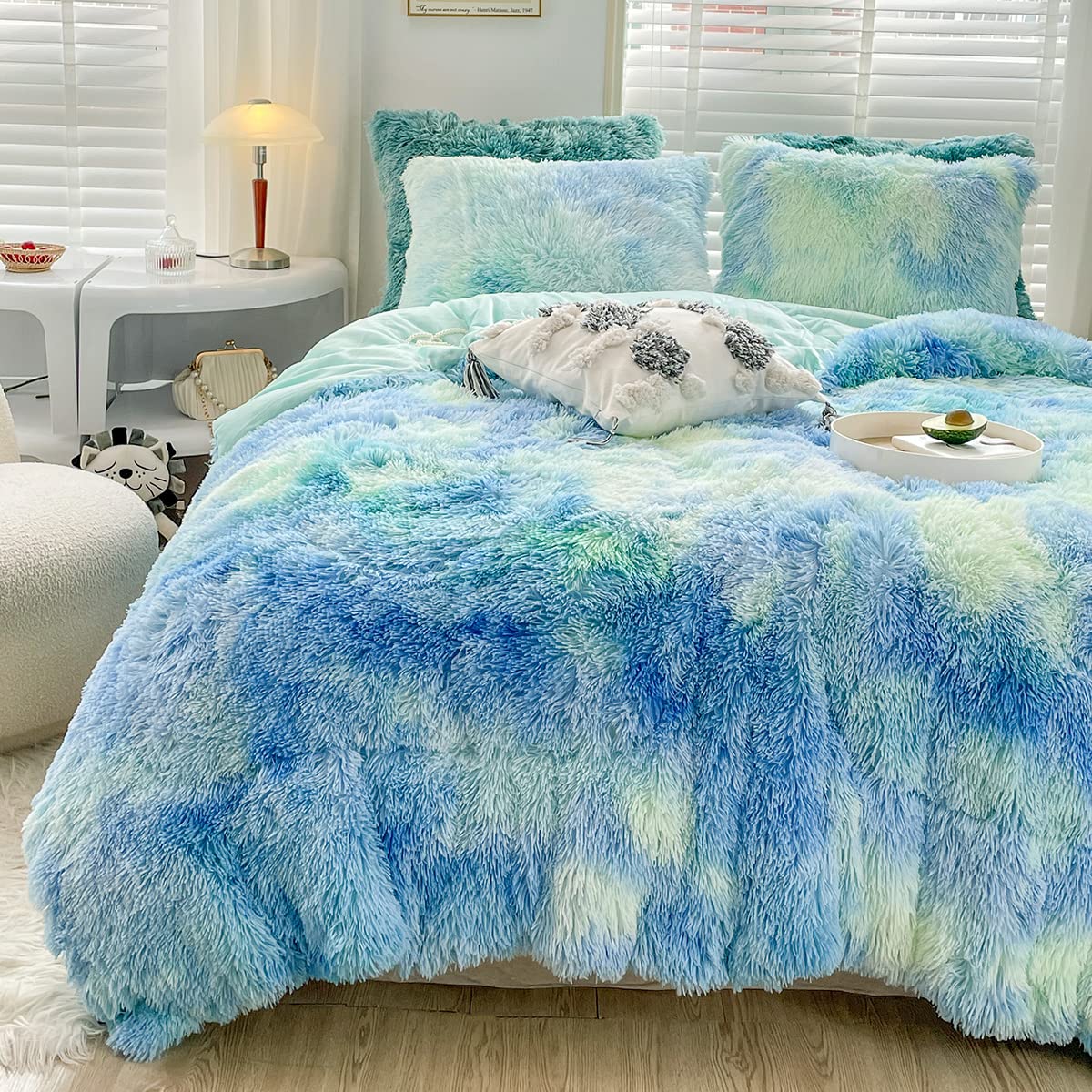 Wajade Faux Fur Plush Tie Dye Blue Green Comforter Set Fluffy Fuzzy Shaggy Bedding Set - 3Pc Full/Queen Microfiber Soft Warm Qui