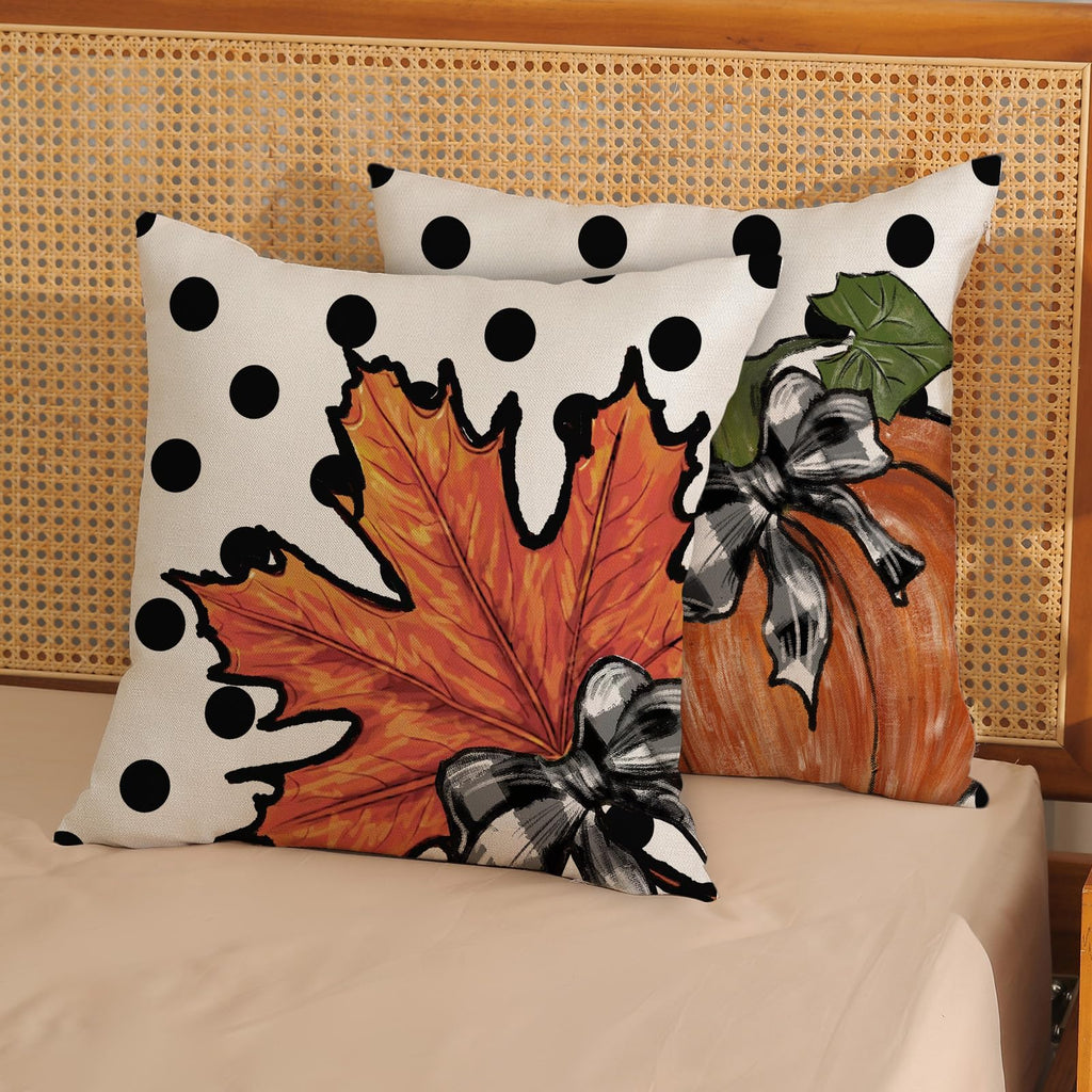 Fall Pillow Covers 18 X 18 Inch Set Of 2 Autumn Polka Dot Pumpkin Maple Leaves Throw Pillow Covers Outdoor Thanksgiving Harvest