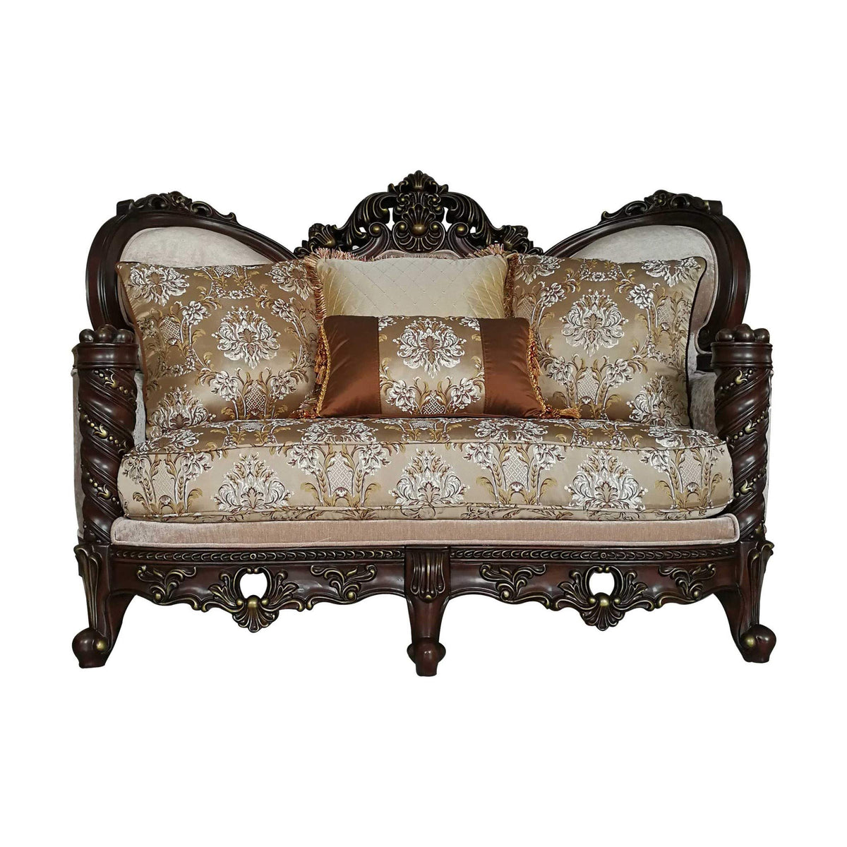 HomeRoots Upholstery, Wood Leg/Trim 38' X 68' X 48' Fabric Dark Walnut Upholstery Wood Leg/Trim Loveseat w/4 Pillows