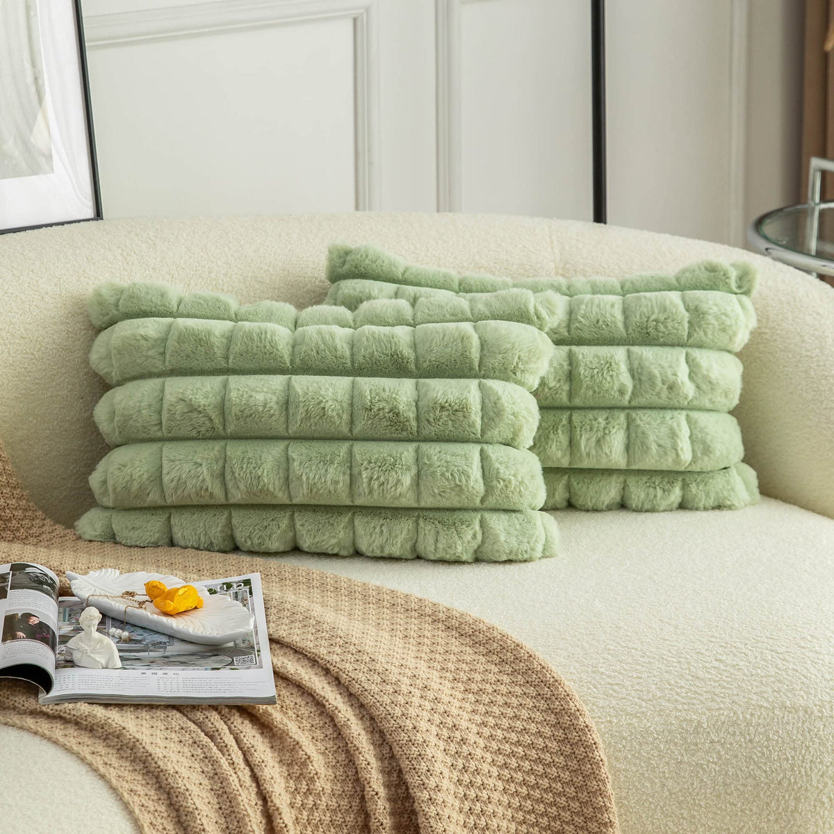 Neelvin Green Faux Fur Cozy Soft Plaid Decorative Throw Pillow Covers 12X20 Inch Set Of 2,Velvet Pillowcase Cushion Case For Sof