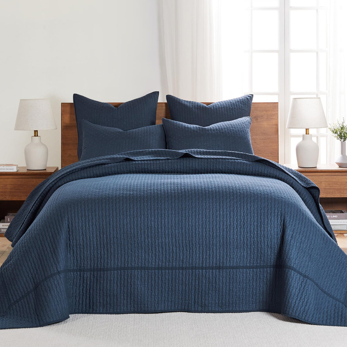 Levtex Home - Cross Stitch Navy Bedspread Set - Twin Quilted Bedspread And One Standard Sham - Cross Stitch Pattern - Bedspread