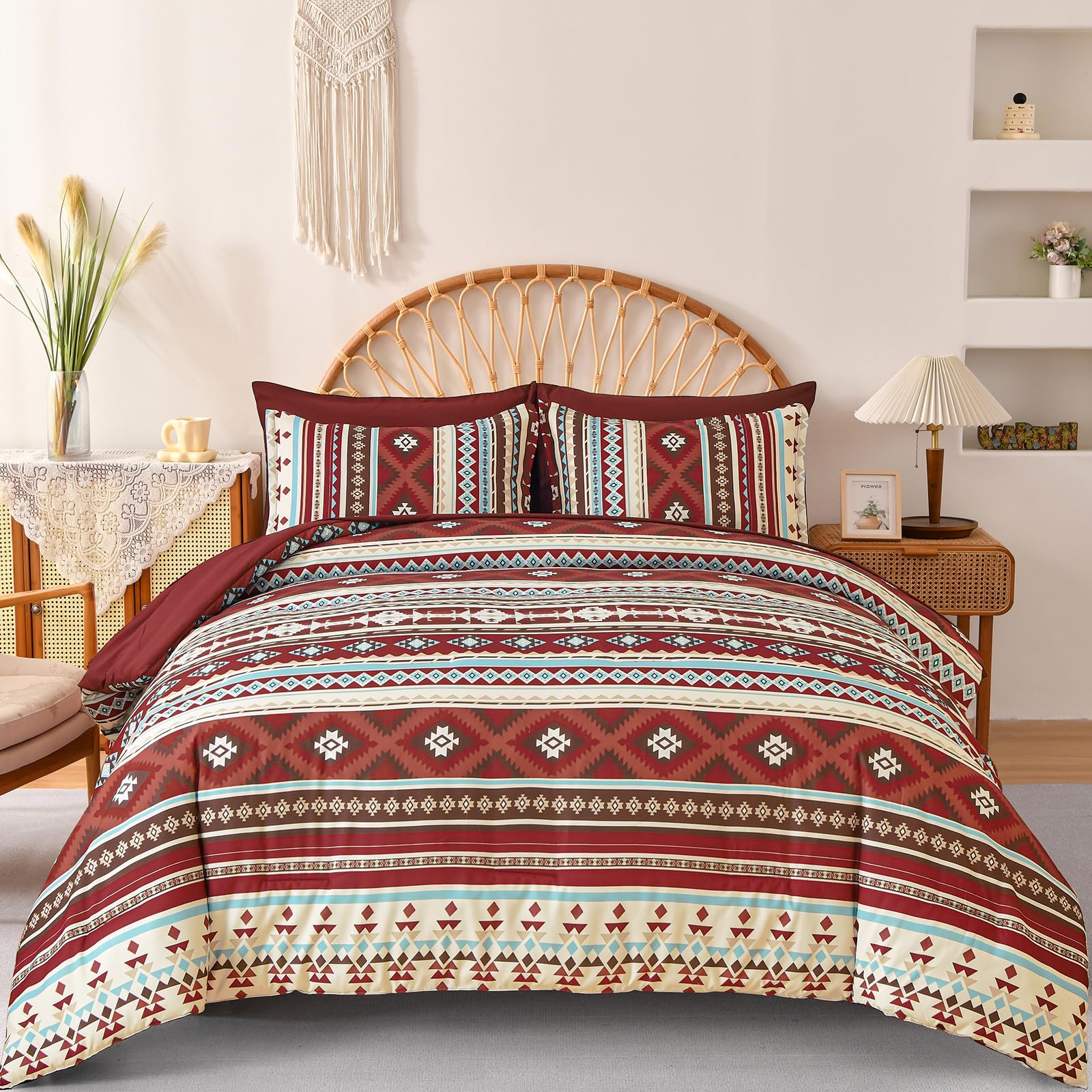 Dinjoy Boho King Size Bed In A Bag 7 Pieces,Red Comforter Set Aztec Striped Bedding Set Bohemian Complete Set With Sheet Fluffy
