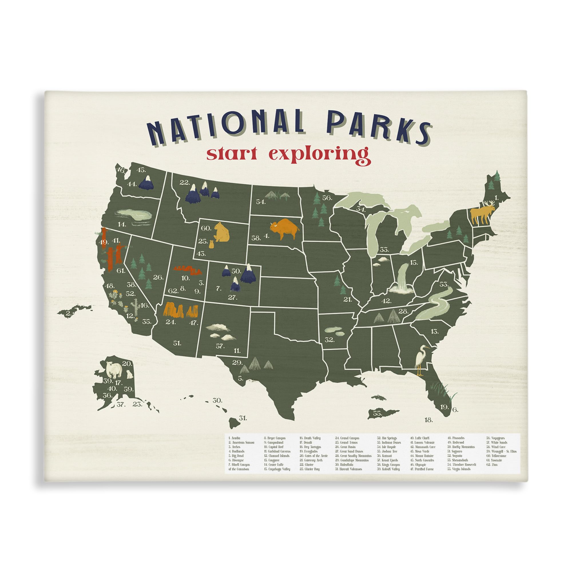 Stupell Industries National Parks Map With Numbered Key United States, Designed By Daphne Polselli Canvas Wall Art, 16 X 20, Gre