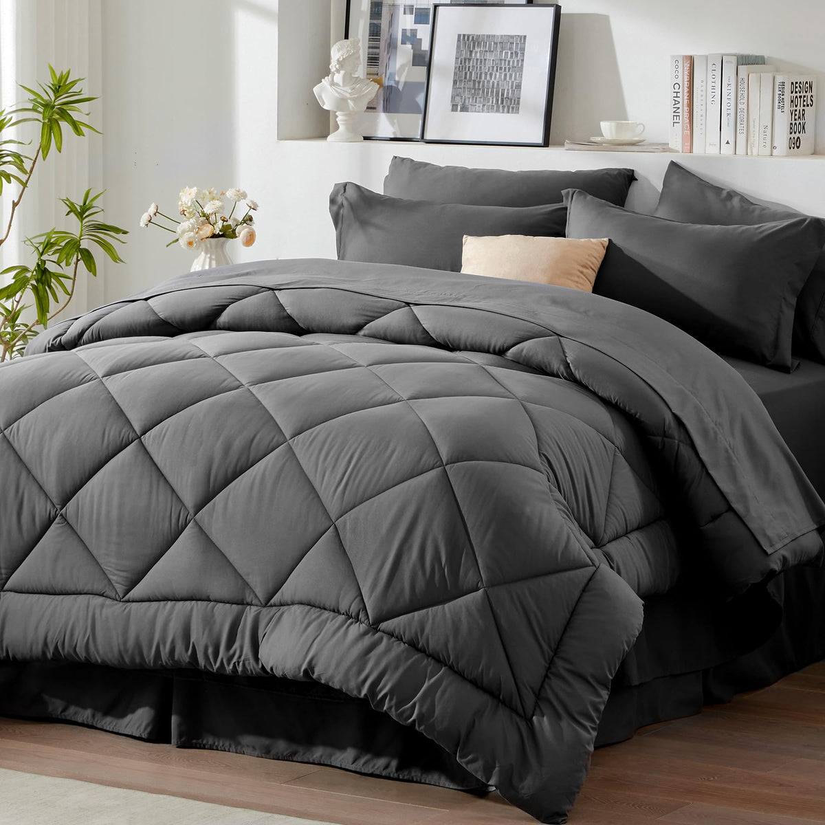 Newspin Twin Bed In A Bag 6 Pieces Comforter Set, Dark Grey All Season Bed Set, Twin Bedding Sets With Comforter And Sheets, Pil