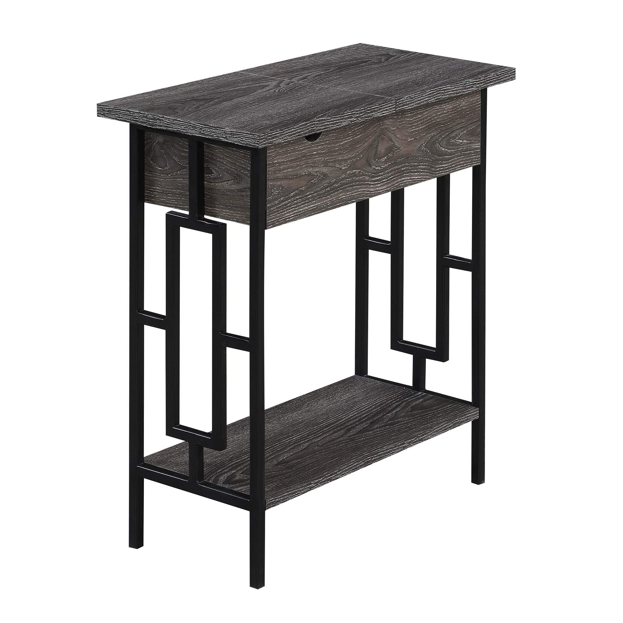 Convenience Concepts Town Square Flip Top End Table with Charging Station, Weathered Gray/Black