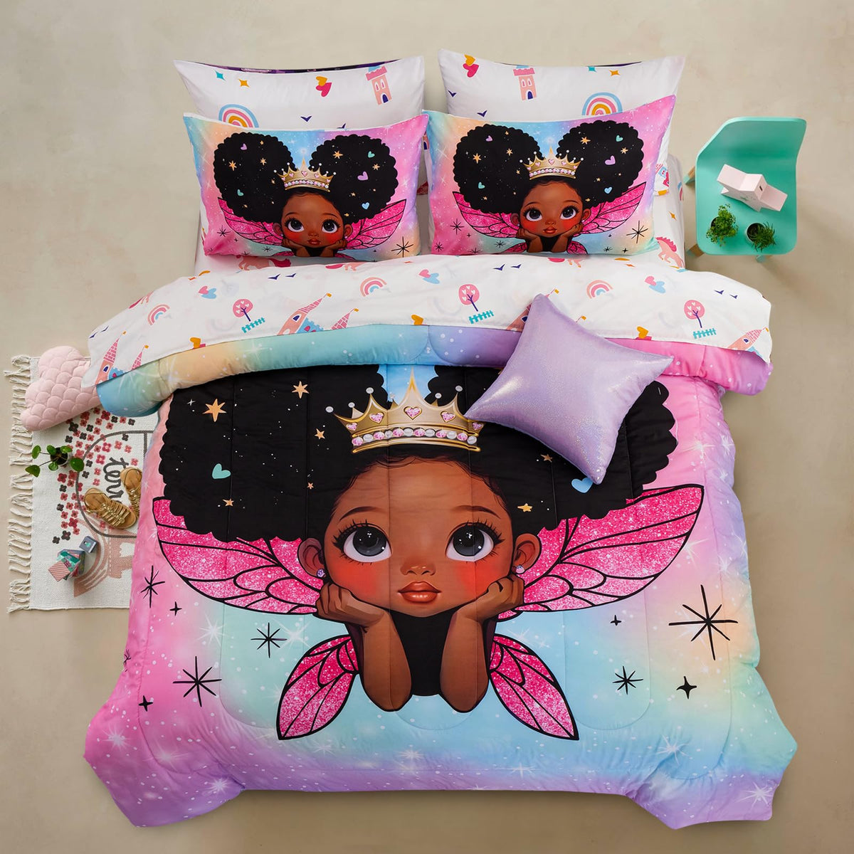 A Nice Night Black Girl Princess With Wings Comforter Set,Pink Gradient Glitter Rainbow Galaxy 6Pcs Kids Bedding Set,Full