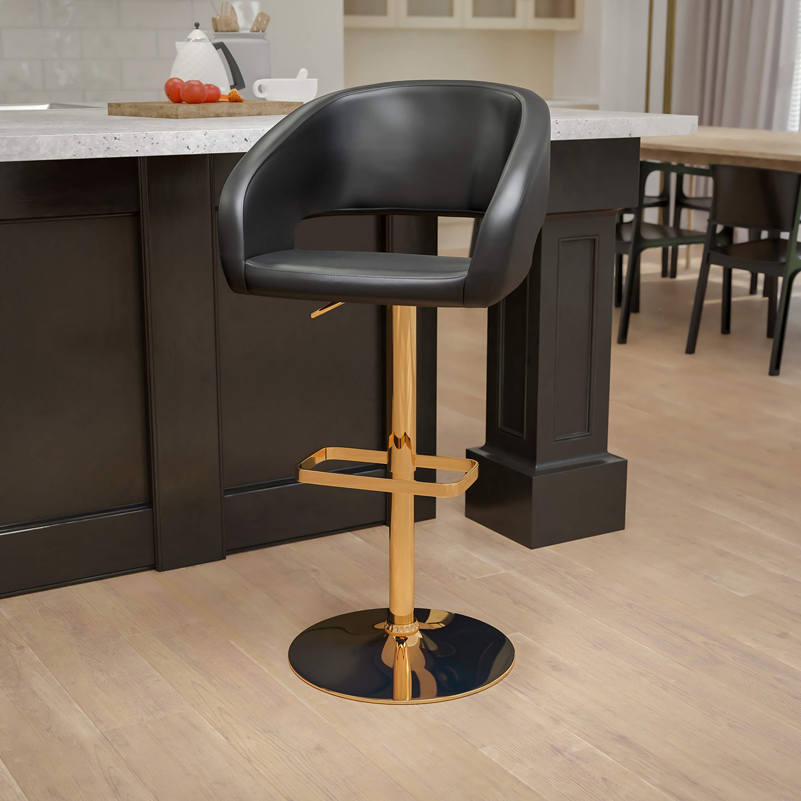 Flash Furniture Erik Contemporary Adjustable Height Barstool With Footrest And Rounded Mid-Back, Upholstered Bar Or Counter Height Stool, Black/Gold