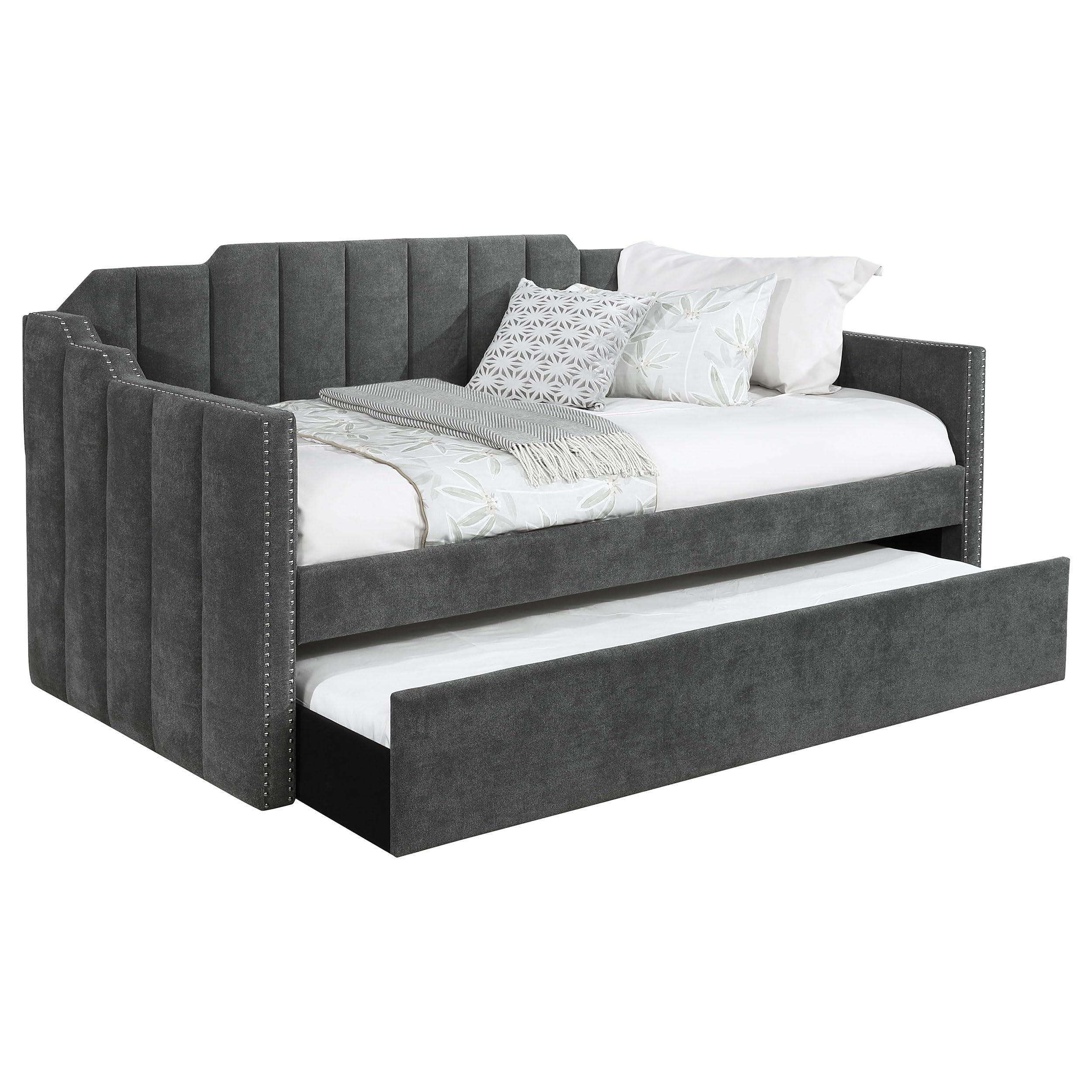 Coaster Home Furnishings Kingston Modern Classic Fabric Upholstered Twin Size Channel Tufted Daybed with Trundle Bed for Guestroom 42-inch Headboard Bedroom Lounger Charcoal 315962