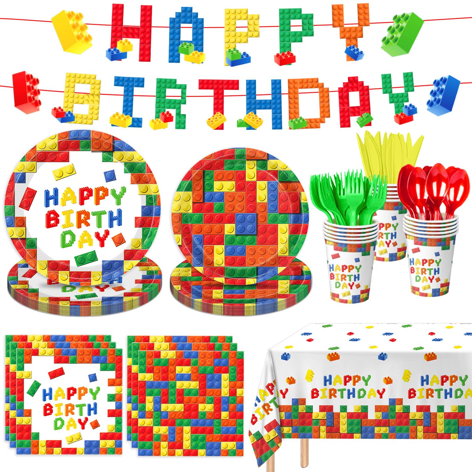 177 PCS Building Block Birthday Party Supplies Colorful Building Block Party Decorations Plates Napkins Cups Tablecloth Banner f