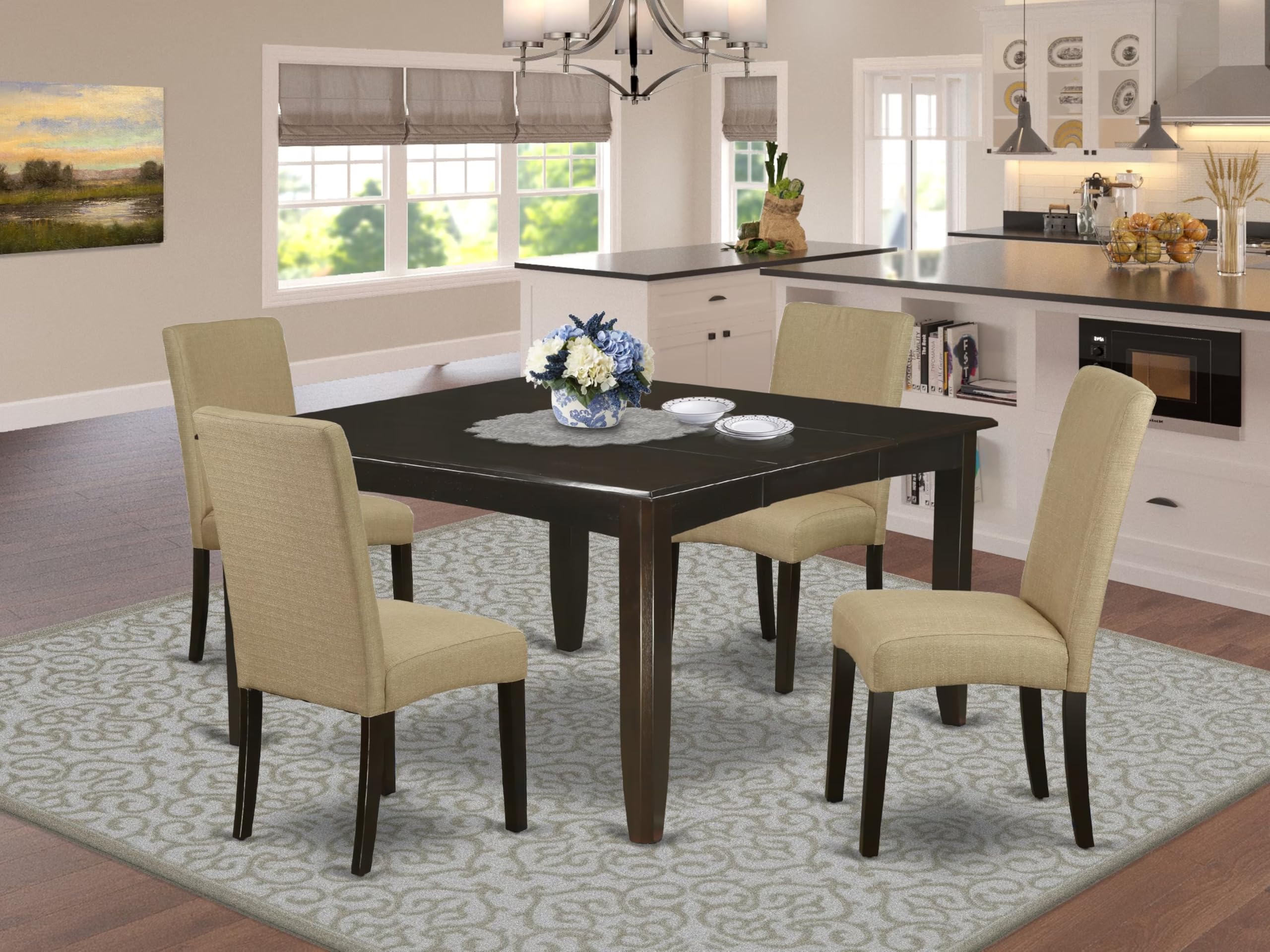 East West Furniture Pfdr5-Cap-03 5 Piece Dining Room Furniture Set Includes A Square Wooden Table With Butterfly Leaf And 4 Brown Linen Fabric Parson Dining Chairs, 54X54 Inch, Cappuccino