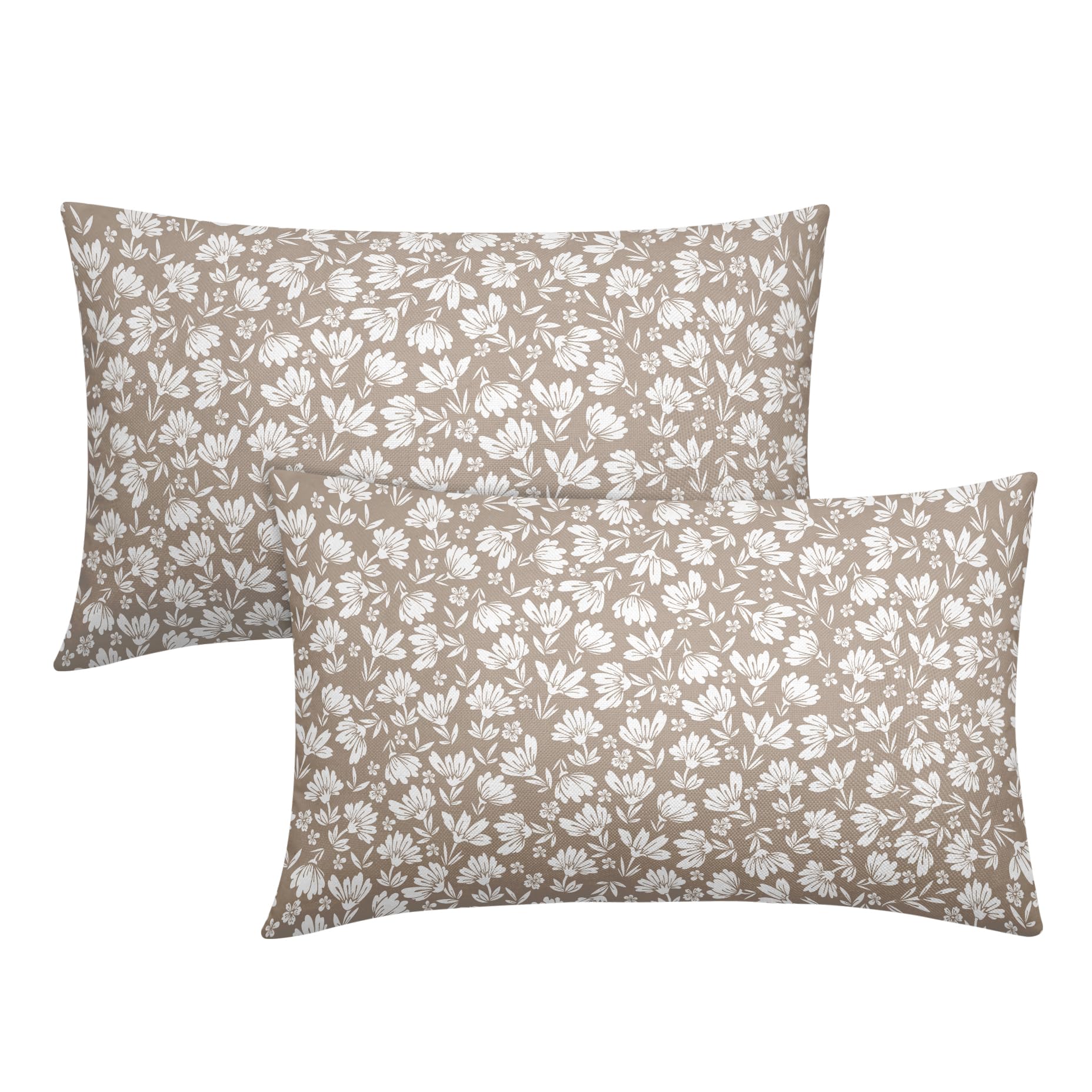 Tan Khaki Beige Daisy Floral Lumbar Pillow Covers 12X20 Inch Vintage Flowers Pillow Cases Set Of 2 Block Print Cotton Linen Thro