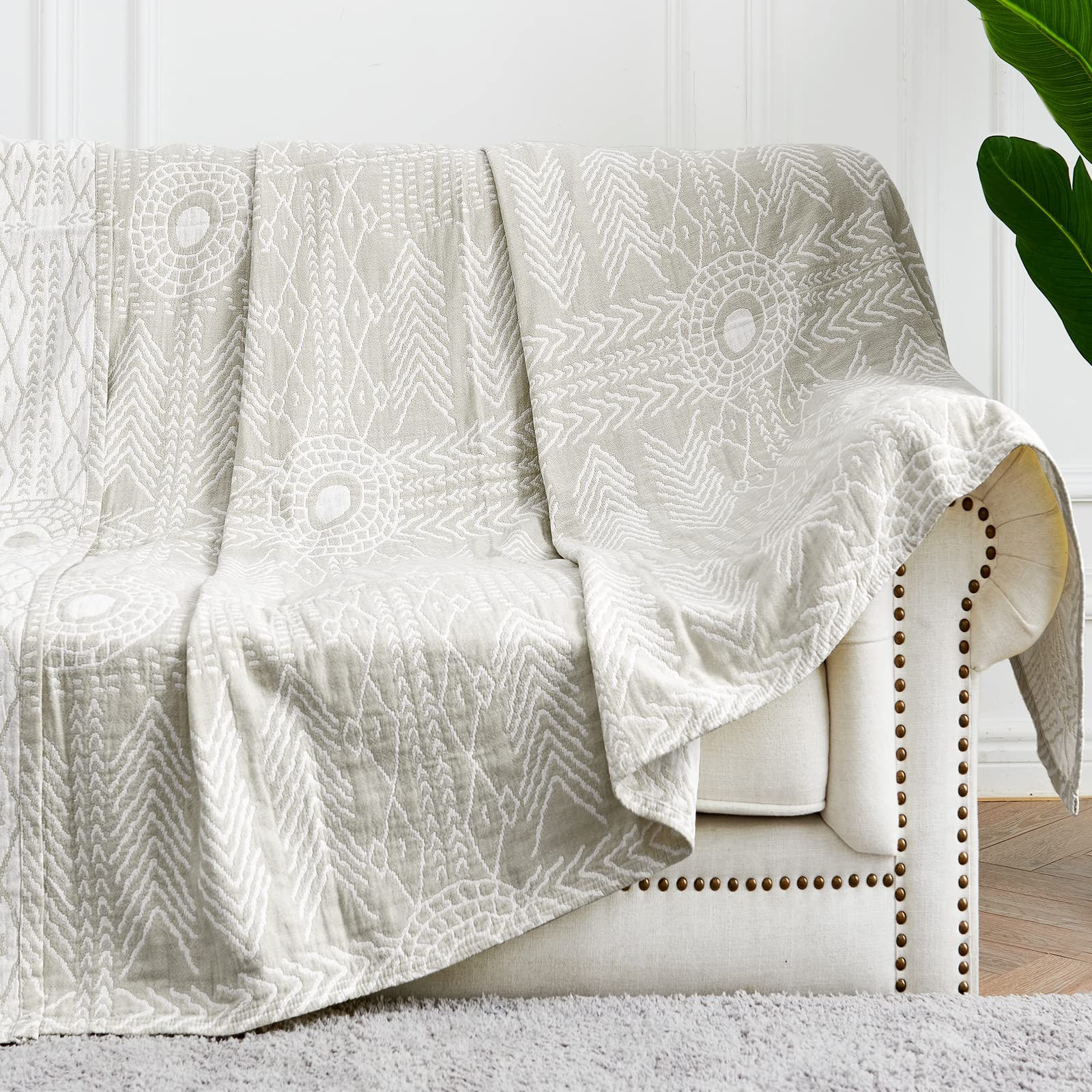 Jinchan Boho 100% Cotton Blanket Fall Muslin Lightweight Twin Reversible Throw Blanket For Couch Soft Cozy All Season 3-Layer Th